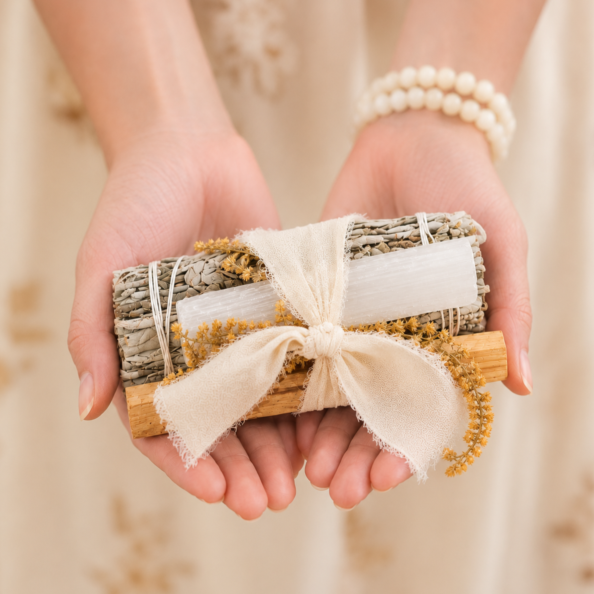 Hands holding a handcrafted white sage protection bundle featuring palo santo, a selenite crystal, dried goldenrod and cream chiffon ribbon against a soft neutral background.
