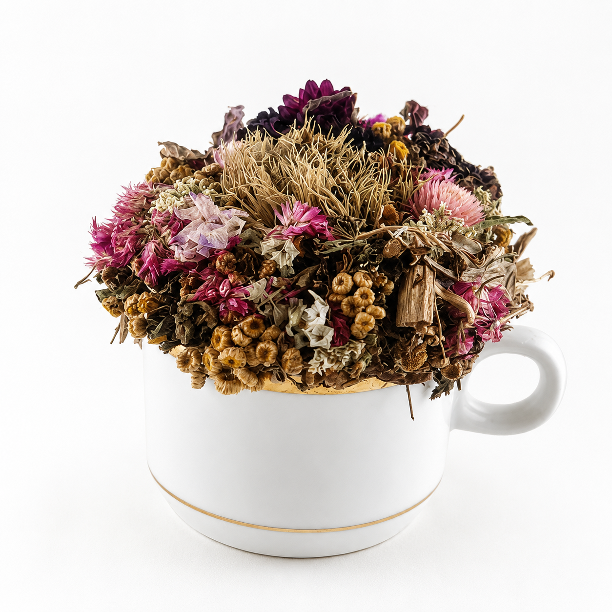 February birth flower botanical arrangement handmade with dried flowers and farm-gathered botanicals in a vintage teacup
