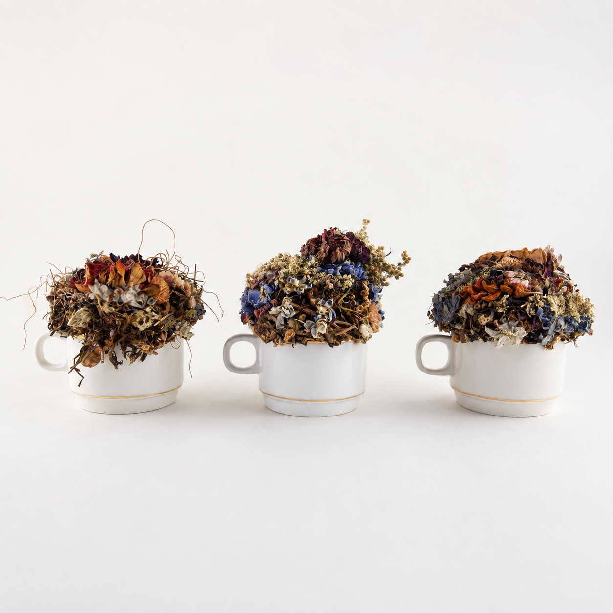 Three handmade teacup dried flower arrangements created with colorful farm-gathered botanicals.
