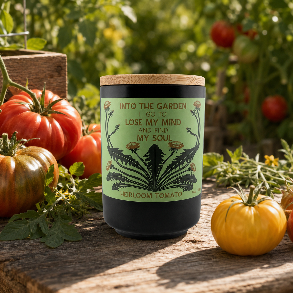 Into the Garden Heirloom Tomato candle displayed with garden-inspired decor and natural botanicals