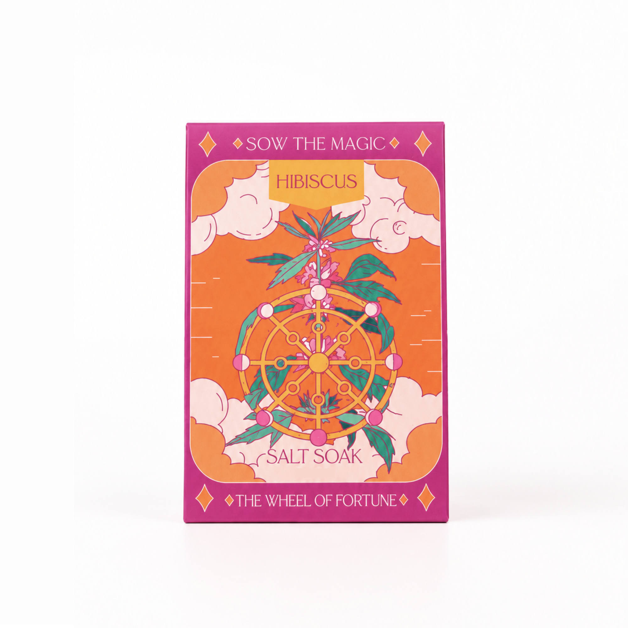 Front view of Sow the Magic® Hibiscus Salt Soak – The Wheel of Fortune, a botanical bath salt blend with hibiscus-inspired aromatherapy in decorative tarot-inspired packaging on a bright white background.