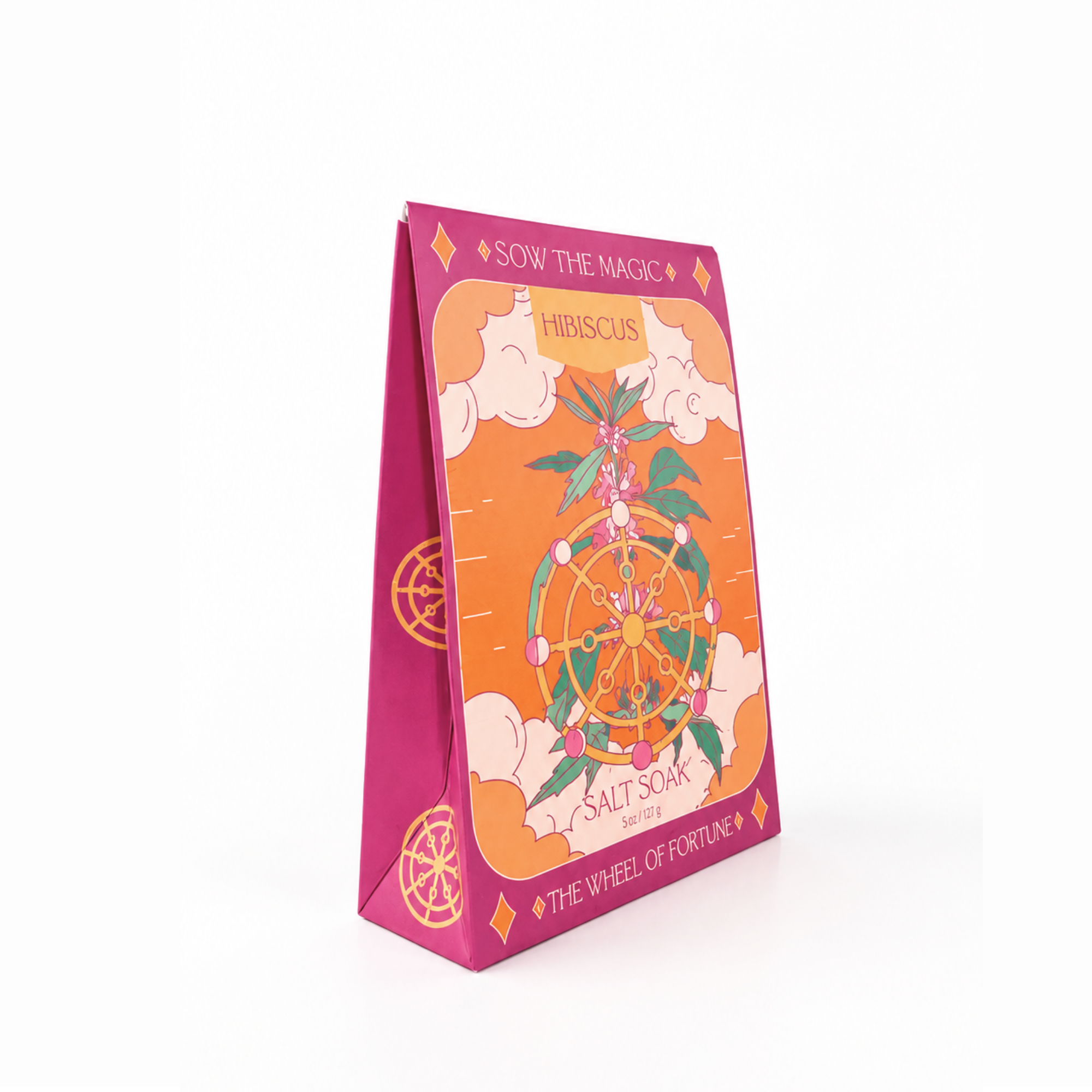 Angled view of Sow the Magic® Hibiscus Salt Soak – The Wheel of Fortune, a botanical bath salt blend with hibiscus-inspired aromatherapy in decorative tarot-inspired packaging on a bright white background.