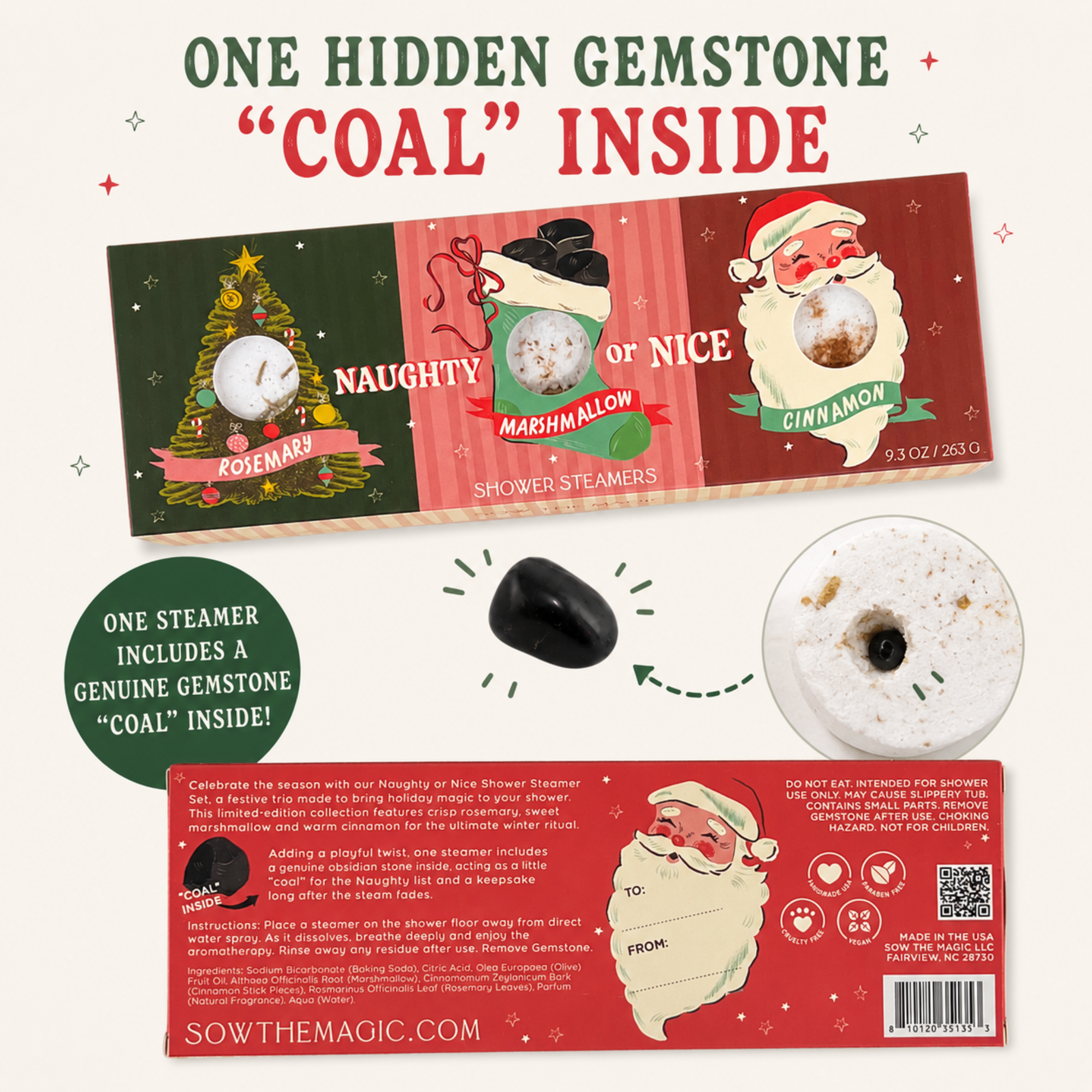 Infographic featuring the Sow the Magic Naughty or Nice Holiday Shower Steamer Gift Set with rosemary, marshmallow and cinnamon shower steamers, highlighting that one hidden genuine 