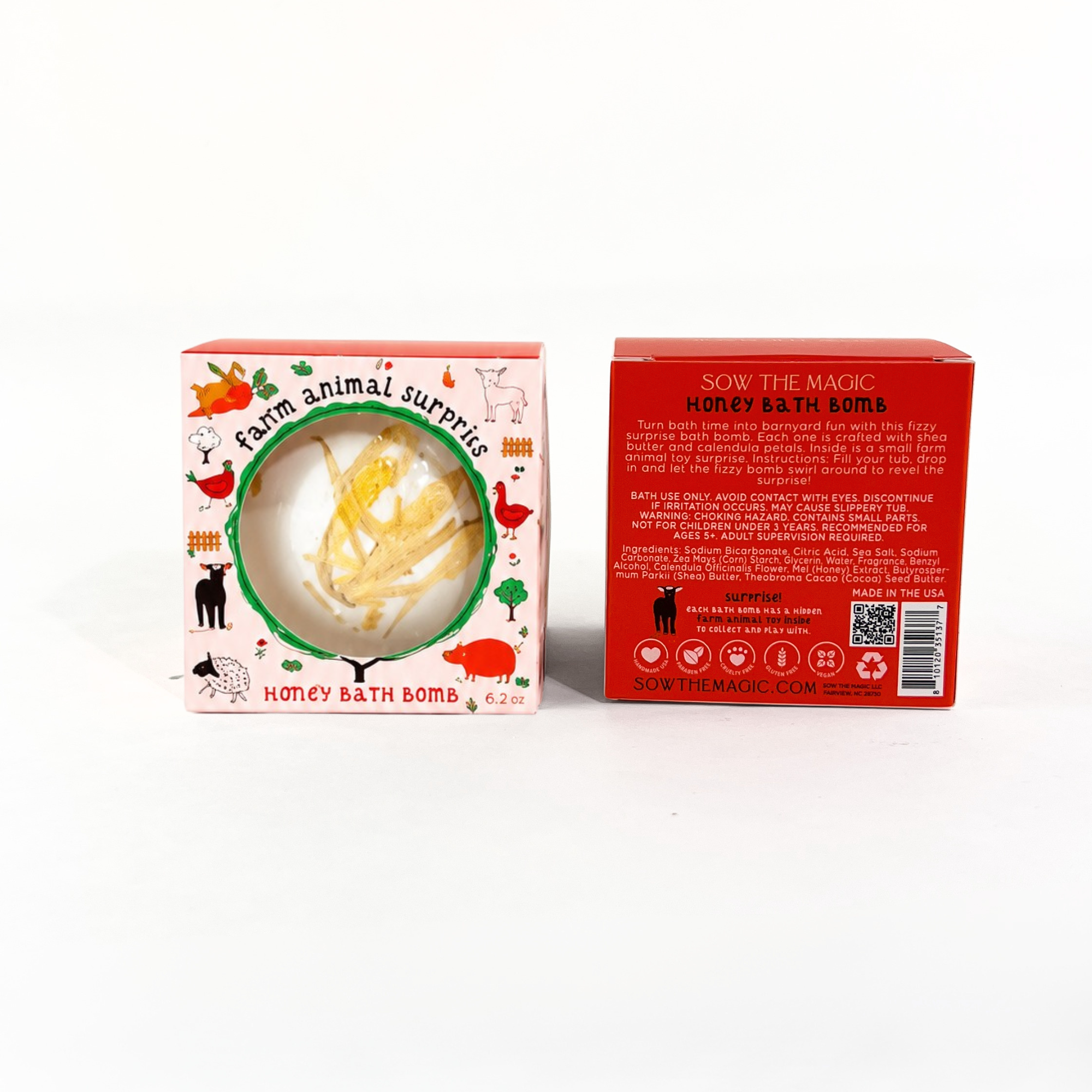 Front and back packaging of the Sow the Magic® Honey Bath Bomb featuring a hidden farm animal toy surprise inside. This handmade kids bath bomb is topped with real calendula petals, scented with honey, made with shea butter, and packaged in a colorful gift box. Perfect for children's bath time, birthday gifts, Easter baskets, and party favors.
