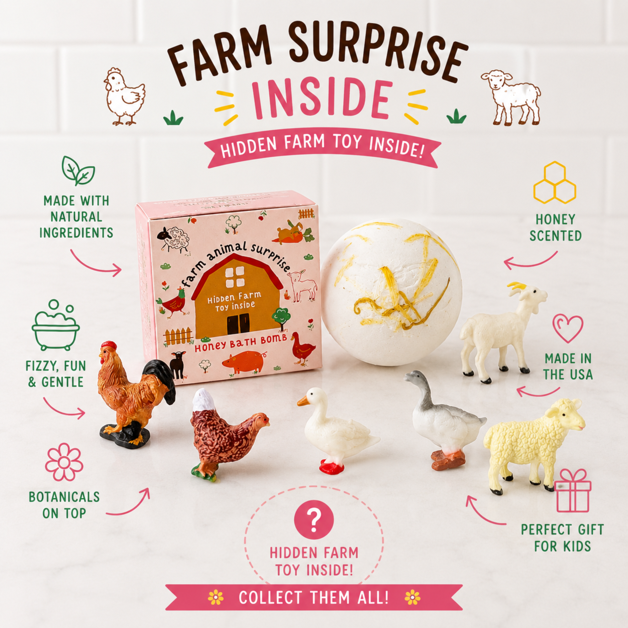 Honey Bath Bomb with a hidden farm animal toy inside displayed next to its gift box on a white marble bathroom countertop. Kids surprise bath bomb handcrafted with natural ingredients, honey scent and real botanicals by Sow the Magic®.