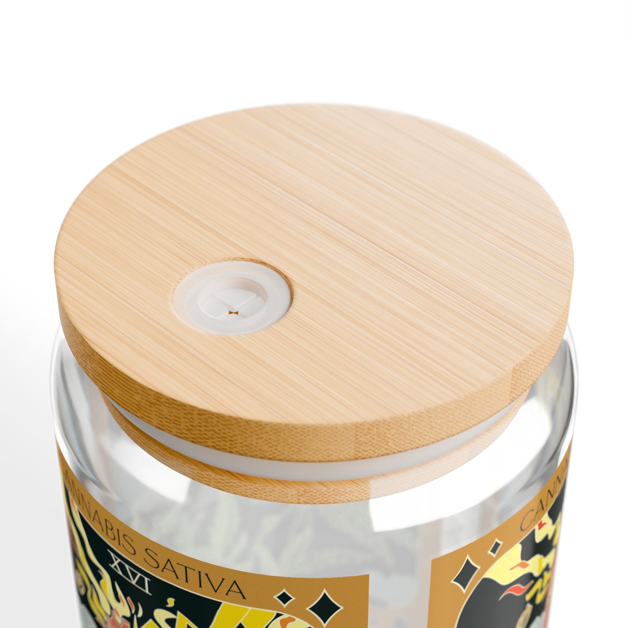 Close-up of bamboo lid on Sow The Magic Cannabis Sativa tarot glass tumbler