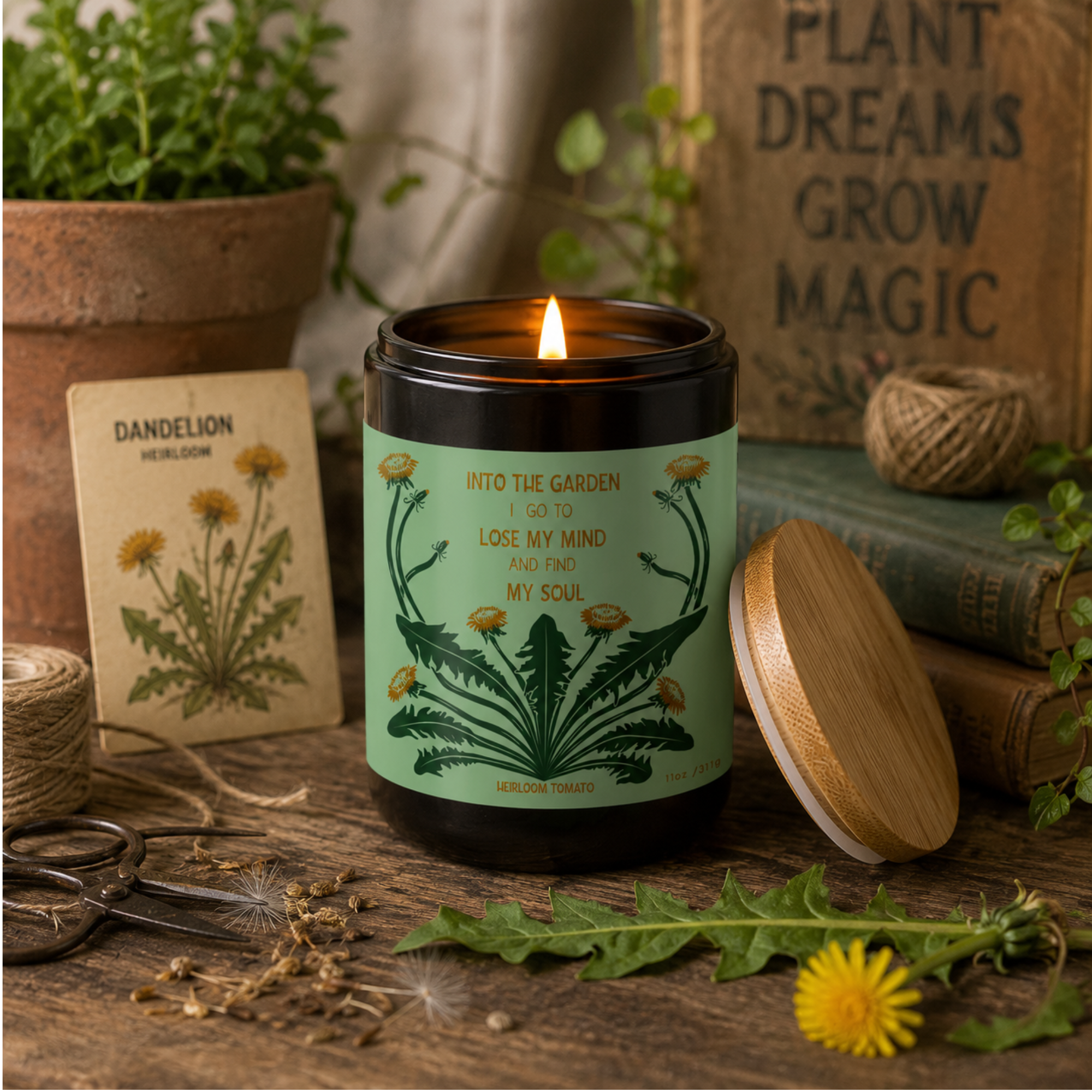 Lit Into the Garden Heirloom Tomato candle by Sow the Magic styled on a rustic wooden table with fresh greenery, dandelion botanicals, vintage gardening books, seed packets and natural garden tools. The black glass candle with a bamboo lid creates a warm botanical atmosphere inspired by peaceful moments spent in the garden.