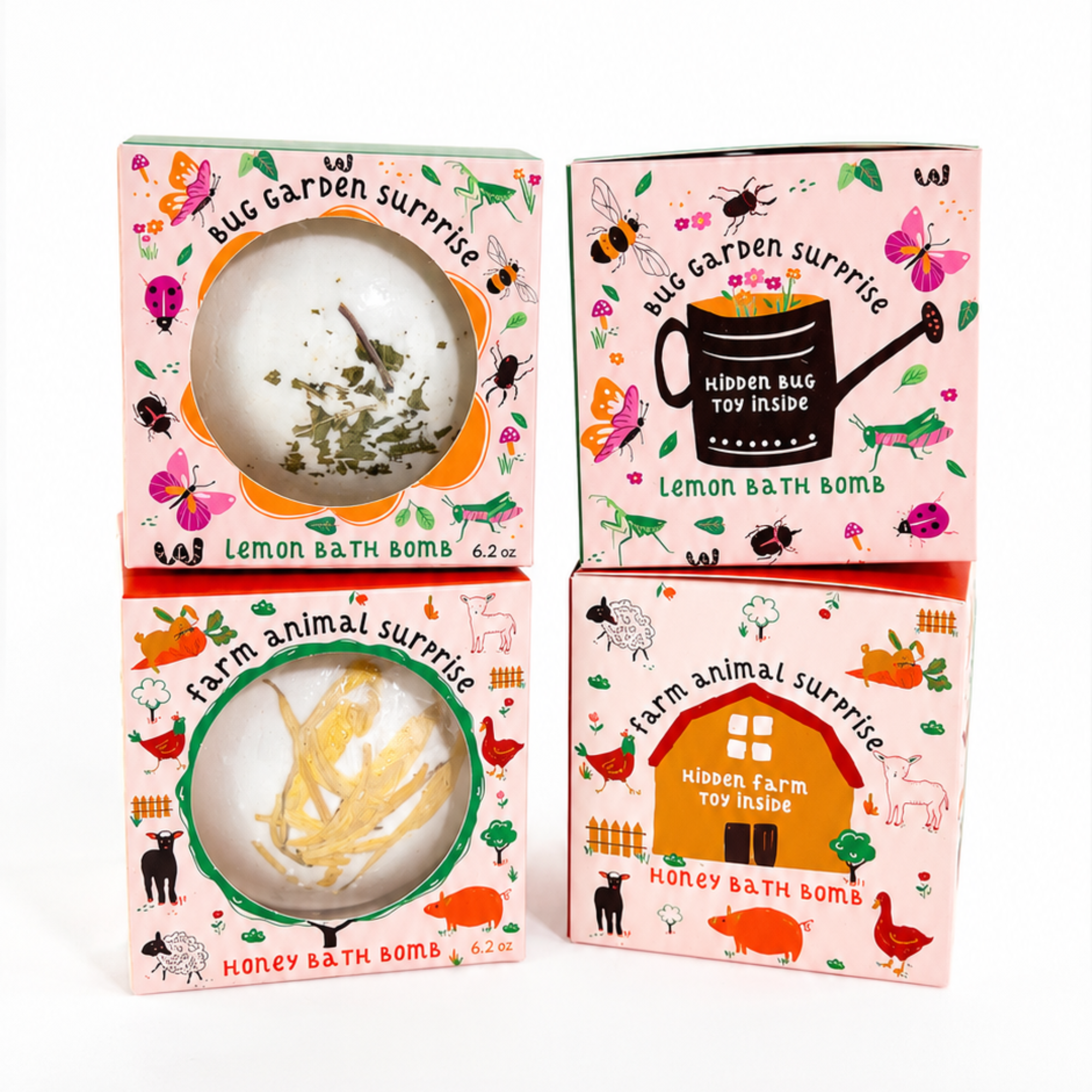 Four kids surprise bath bombs by Sow the Magic® featuring Farm Animal Surprise Honey Bath Bombs and Bug Garden Surprise Lemon Bath Bombs in whimsical illustrated packaging with hidden toy surprises, displayed together on a bright white background.