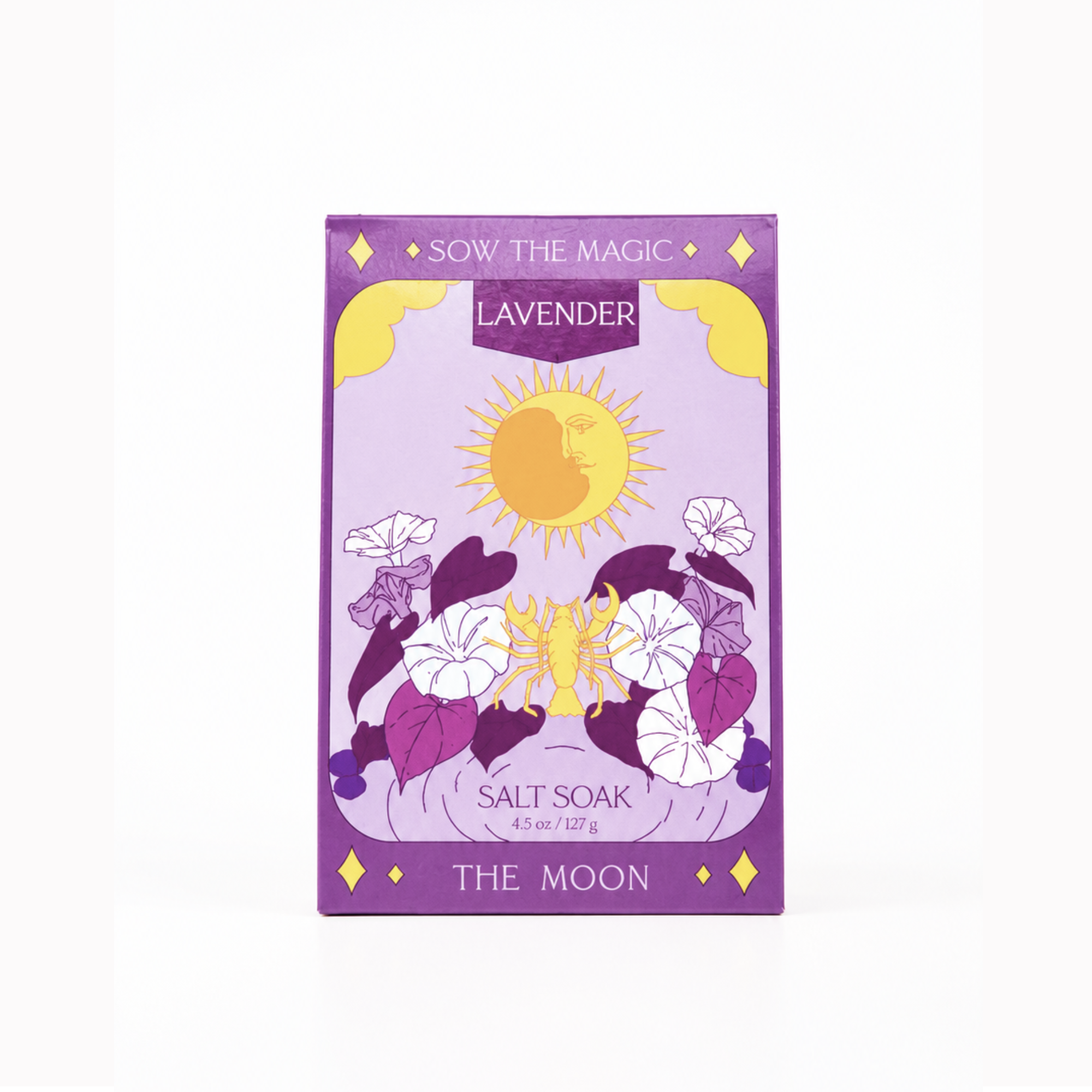 Front view of Sow the Magic® Lavender Salt Soak – The Moon featuring tarot-inspired botanical artwork and relaxing lavender aromatherapy bath salts in decorative gift-ready packaging on a bright white background.