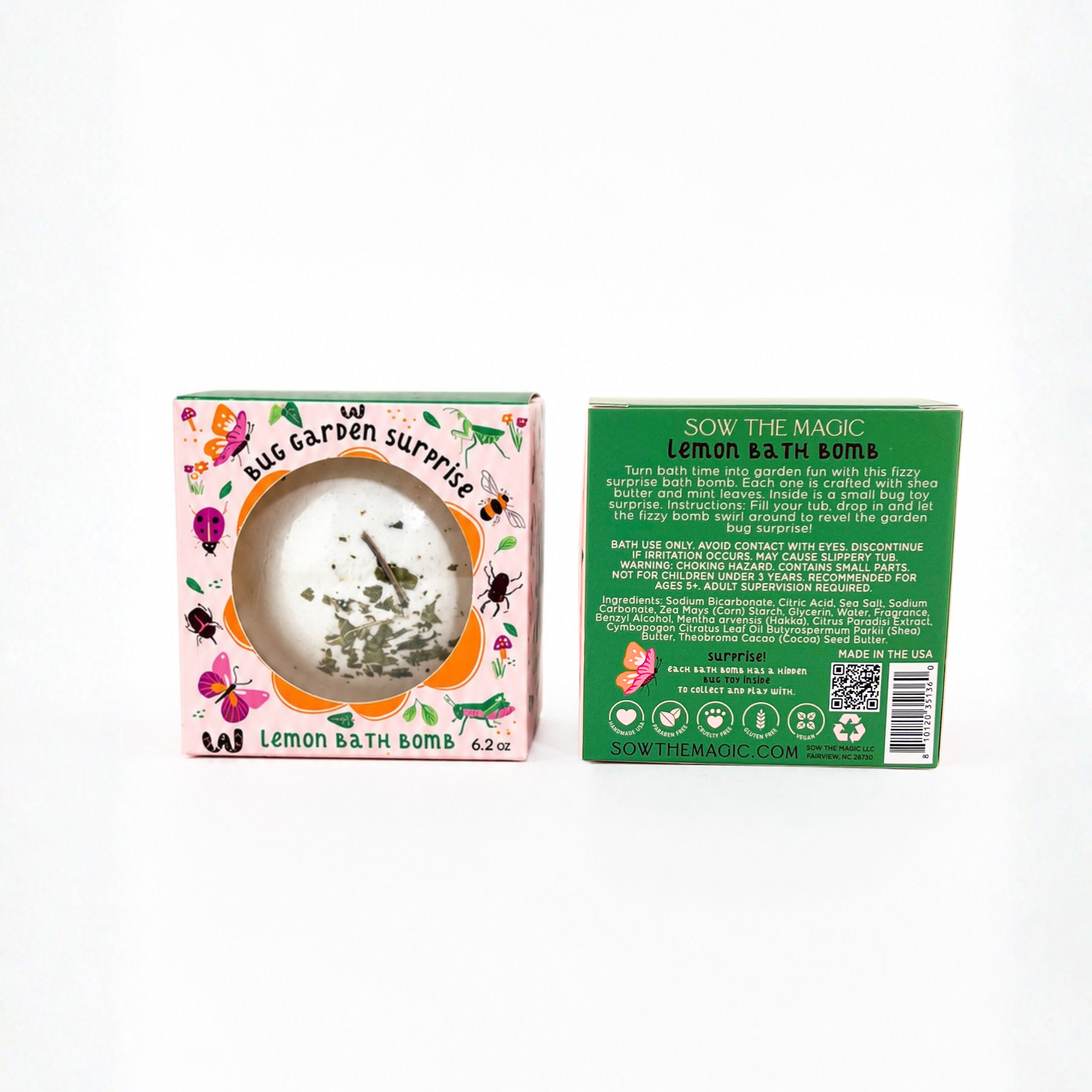 Front and back packaging of the Sow the Magic® Bug Garden Surprise Lemon Bath Bomb featuring a hidden bug toy inside. Handmade kids bath bomb with real peppermint leaves, fresh lemon scent, shea butter, cocoa butter, and playful garden-themed gift packaging for children's bath time.