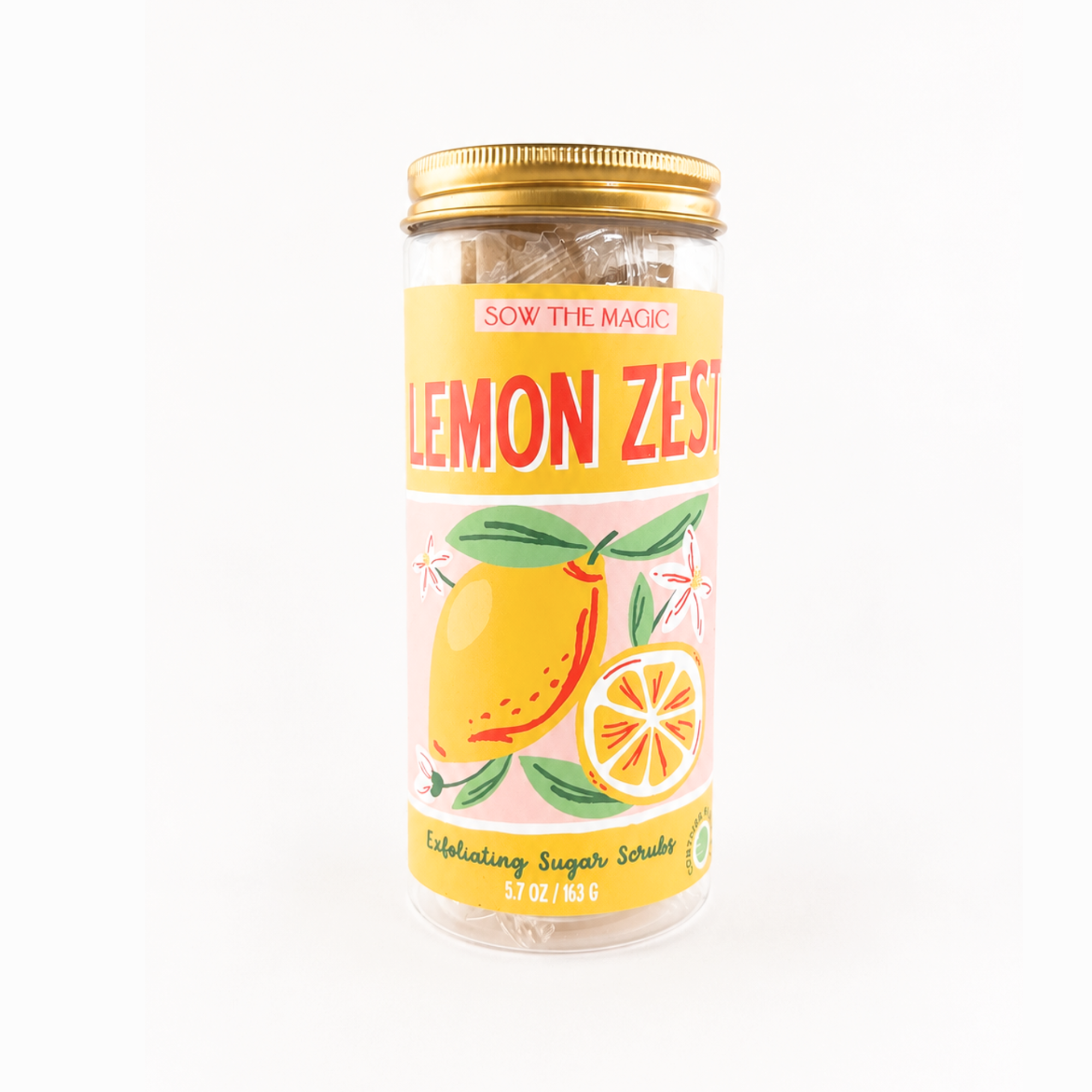 Jar of Lemon Zest exfoliating sugar scrub cubes by Sow the Magic featuring individually wrapped natural sugar scrub cubes for gentle exfoliation and citrus-inspired skincare.