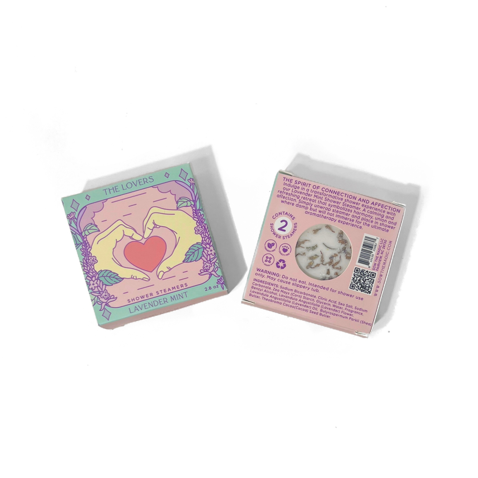 Front and back of The Lovers Shower Steamer Set in Lavender Mint featuring tarot-inspired botanical packaging and product information.