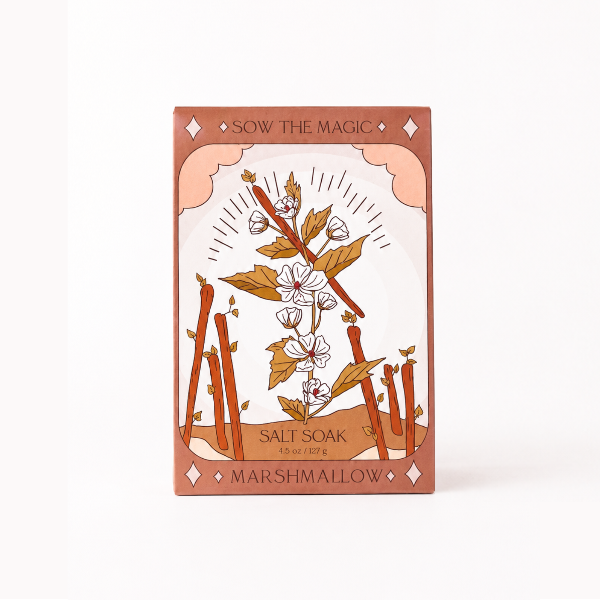 Sow the Magic Marshmallow Salt Soak botanical bath salts in a stand-up pouch featuring marshmallow flowers and cinnamon-inspired artwork on a bright white background.