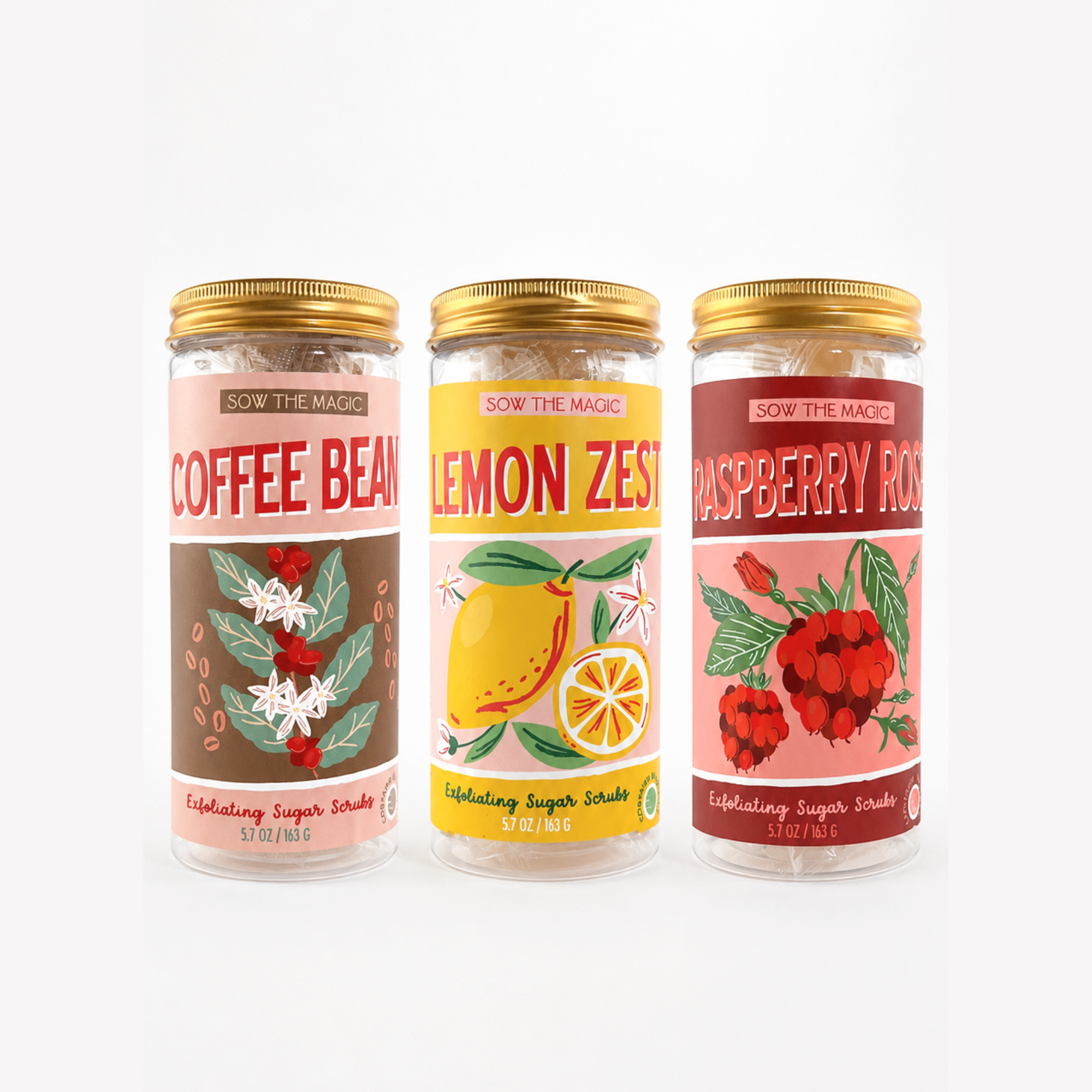 Coffee Bean, Lemon Zest and Raspberry Rose Exfoliating Sugar Scrubs collection featuring reusable jars and individually wrapped scrub cubes.