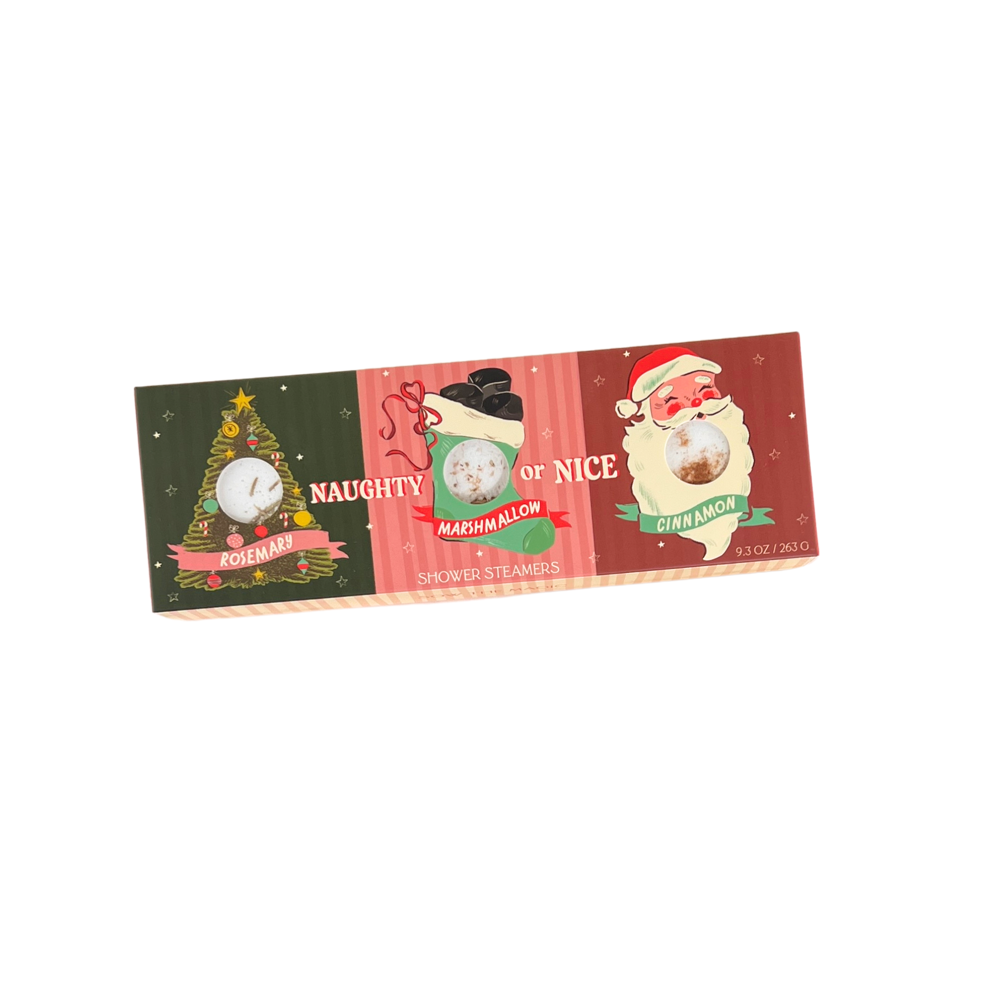 Front view of the Sow the Magic Naughty or Nice Christmas Shower Steamers gift box featuring festive holiday illustrations and three aromatherapy shower steamers.