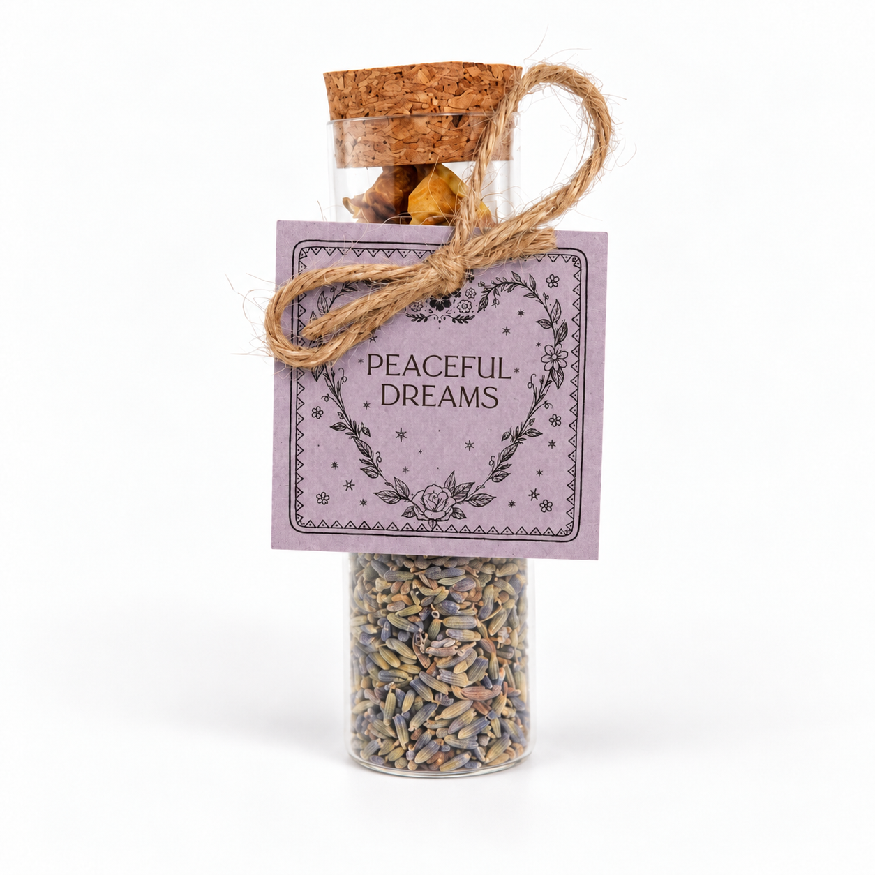Peaceful Dreams intention vial filled with dried botanicals and finished with a cork, muted purple hand-tied folklore tag.