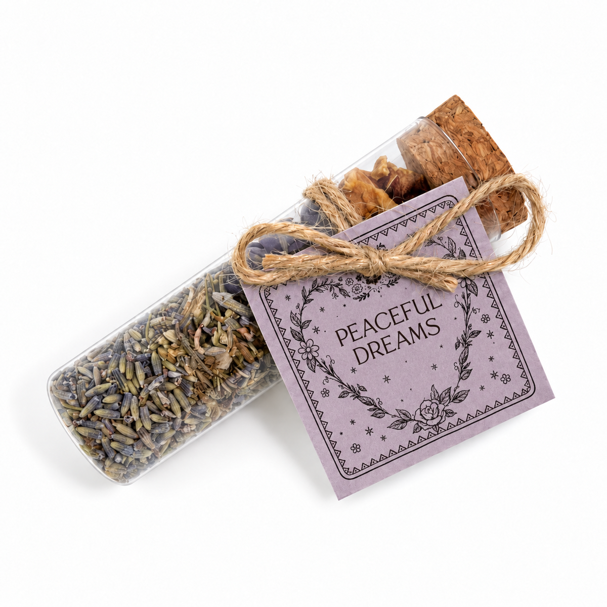 Peaceful Dreams botanical intention vial displayed diagonally with a cork closure, natural twine and muted purple hand-tied tag.