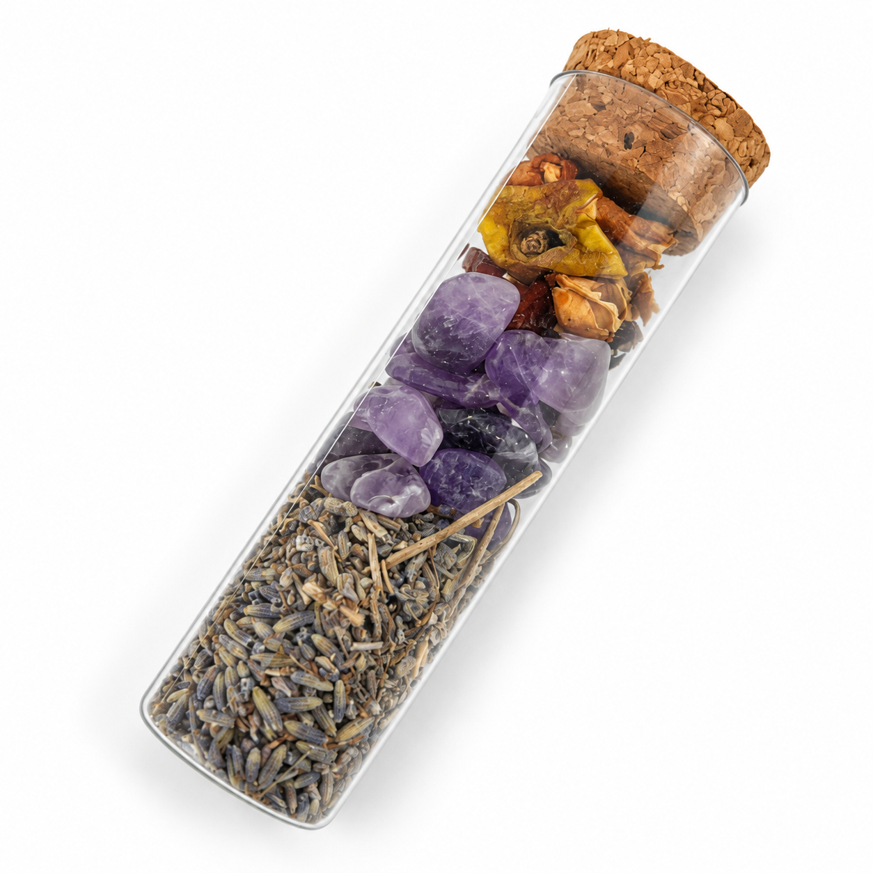 Angled view of a Peaceful Dreams intention vial filled with dried botanicals and finished with a cork and muted purple tag.