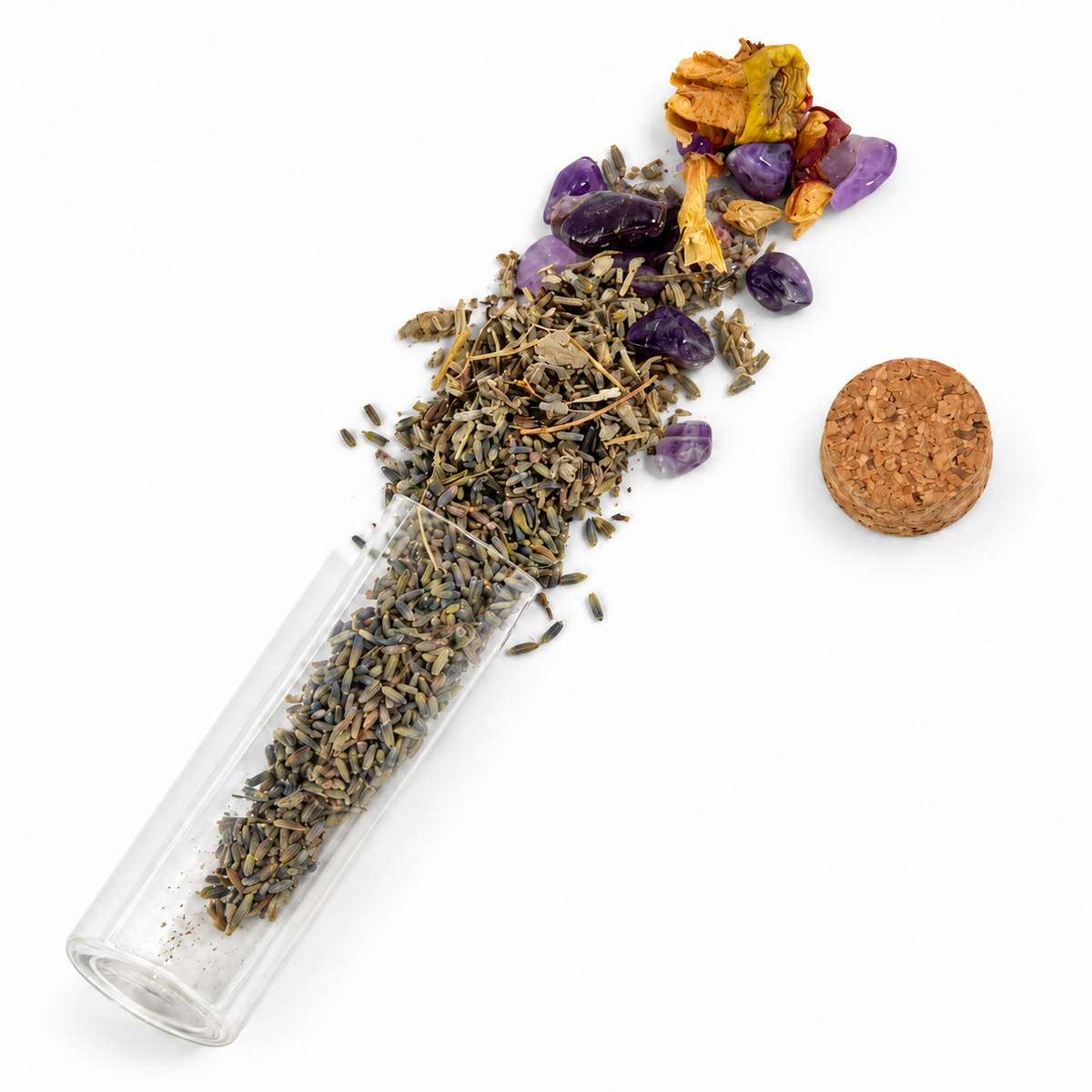 Open Peaceful Dreams vial with dried herbs and botanicals spilling gently beside its cork and purple decorative keepsakes.