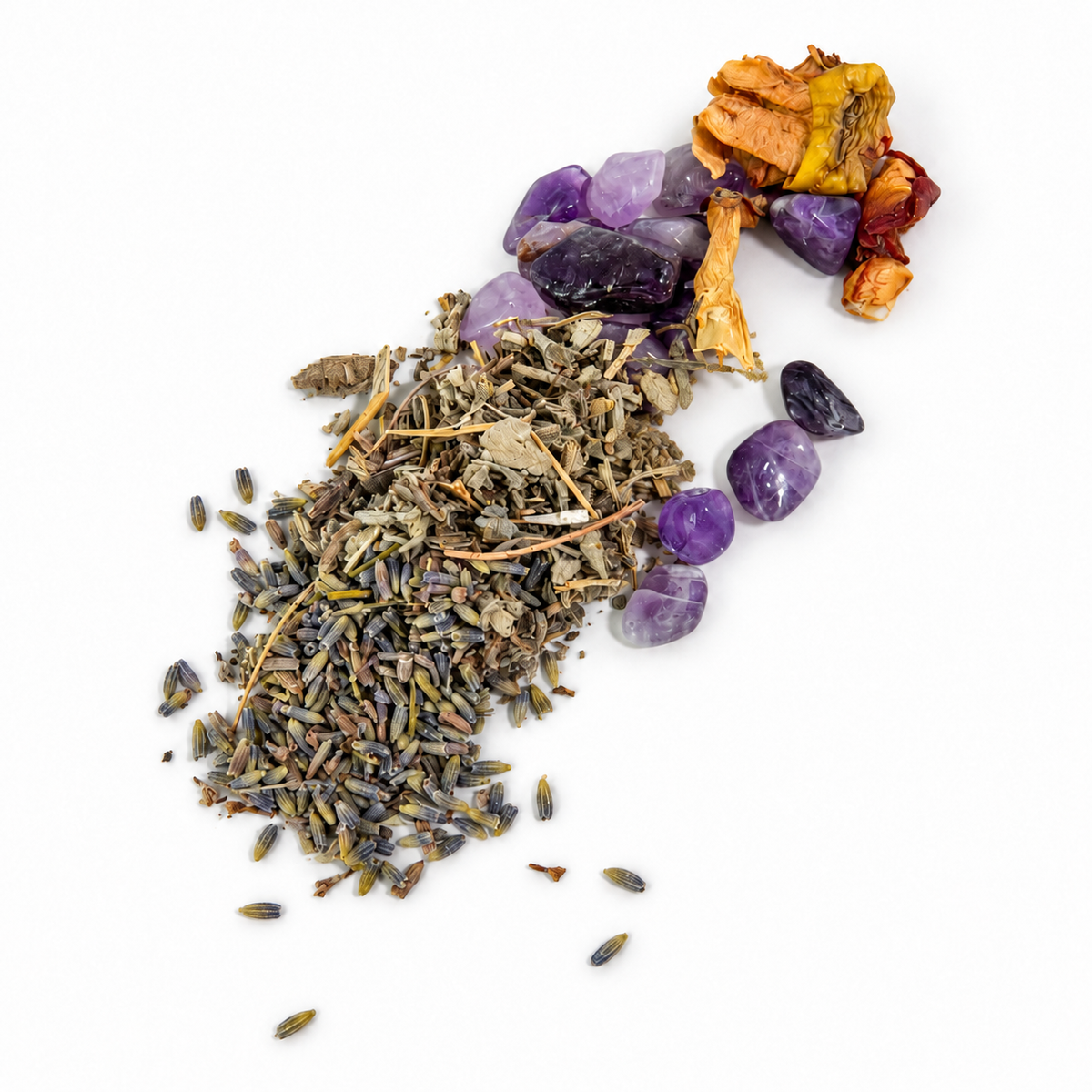 Open Peaceful Dreams intention vial with its colorful dried botanical blend gently scattered beside the corked plastic vial.