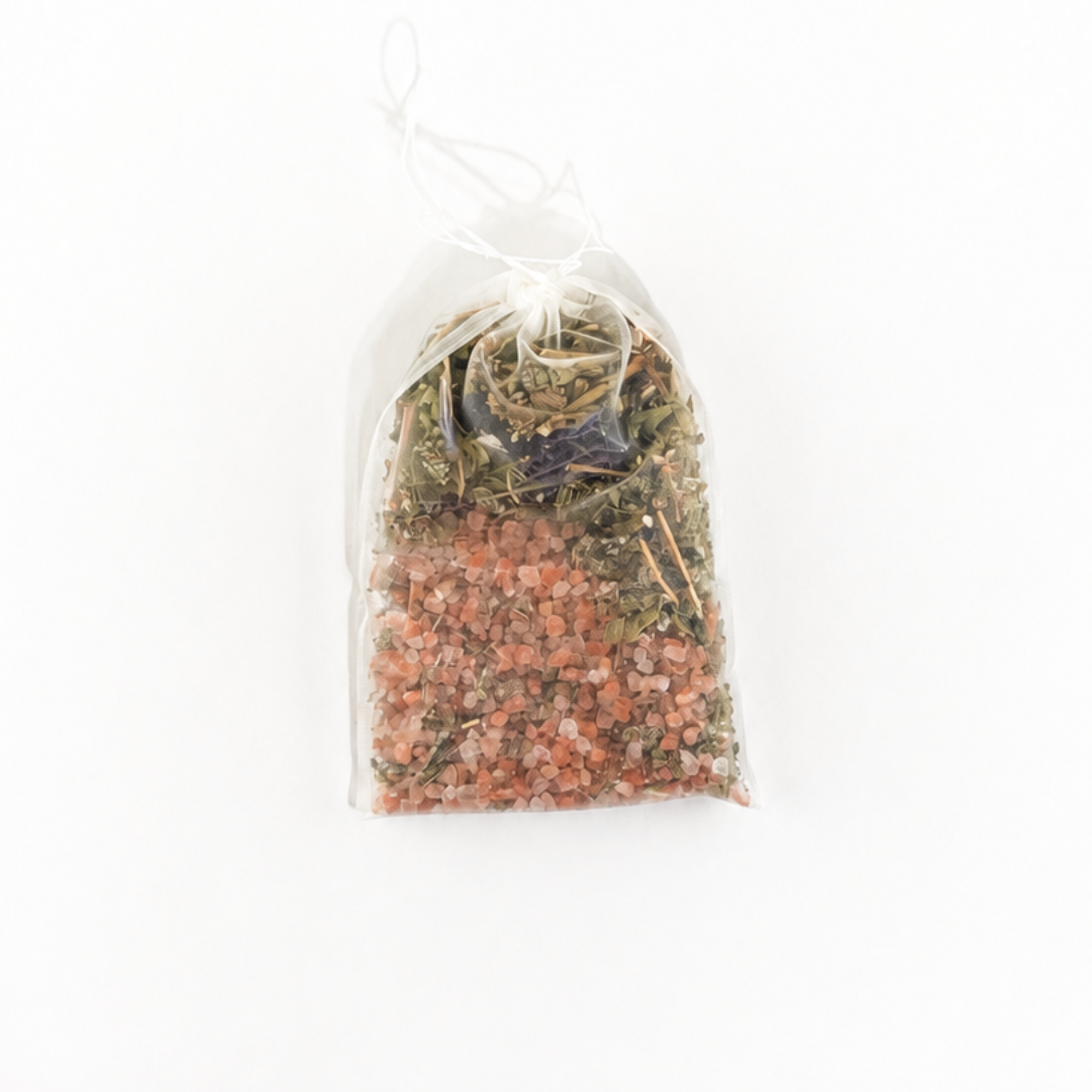 Peppermint Botanical Bath Tea packaged in a reusable organza sachet with dried peppermint leaves, Himalayan pink salt, and botanical herbs for a refreshing herbal bath soak by Sow the Magic®.