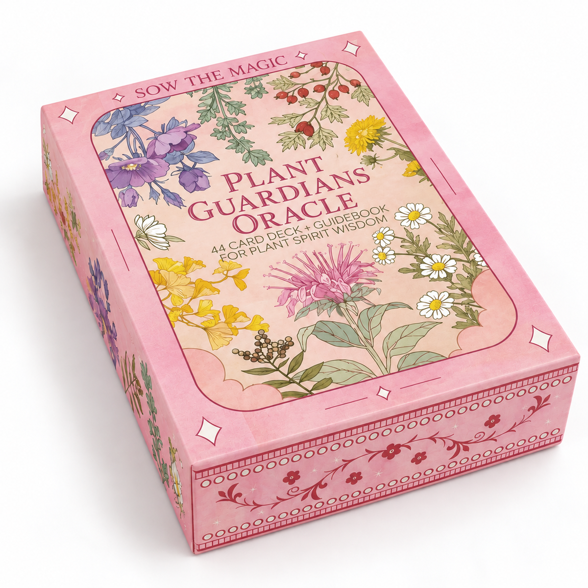 Sow the Magic Plant Guardians Oracle deck in a pink floral keepsake box featuring colorful botanical illustrations, 44 plant spirit oracle cards, and an illustrated guidebook.