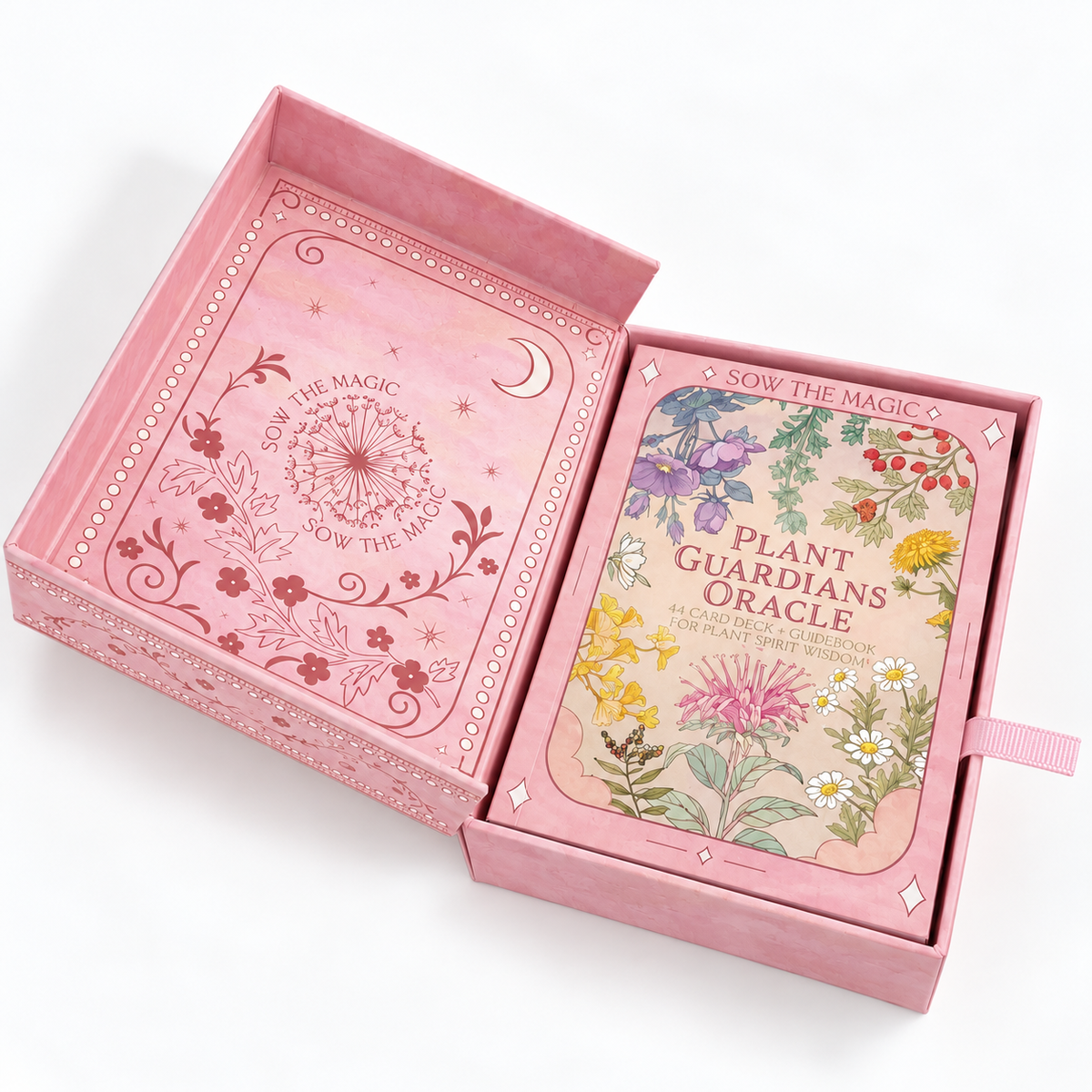 Sow the Magic Plant Guardians Oracle 44-card deck and illustrated guidebook displayed inside an open pink keepsake box, featuring decorative floral artwork, a crescent moon, and ribbon pull tab.