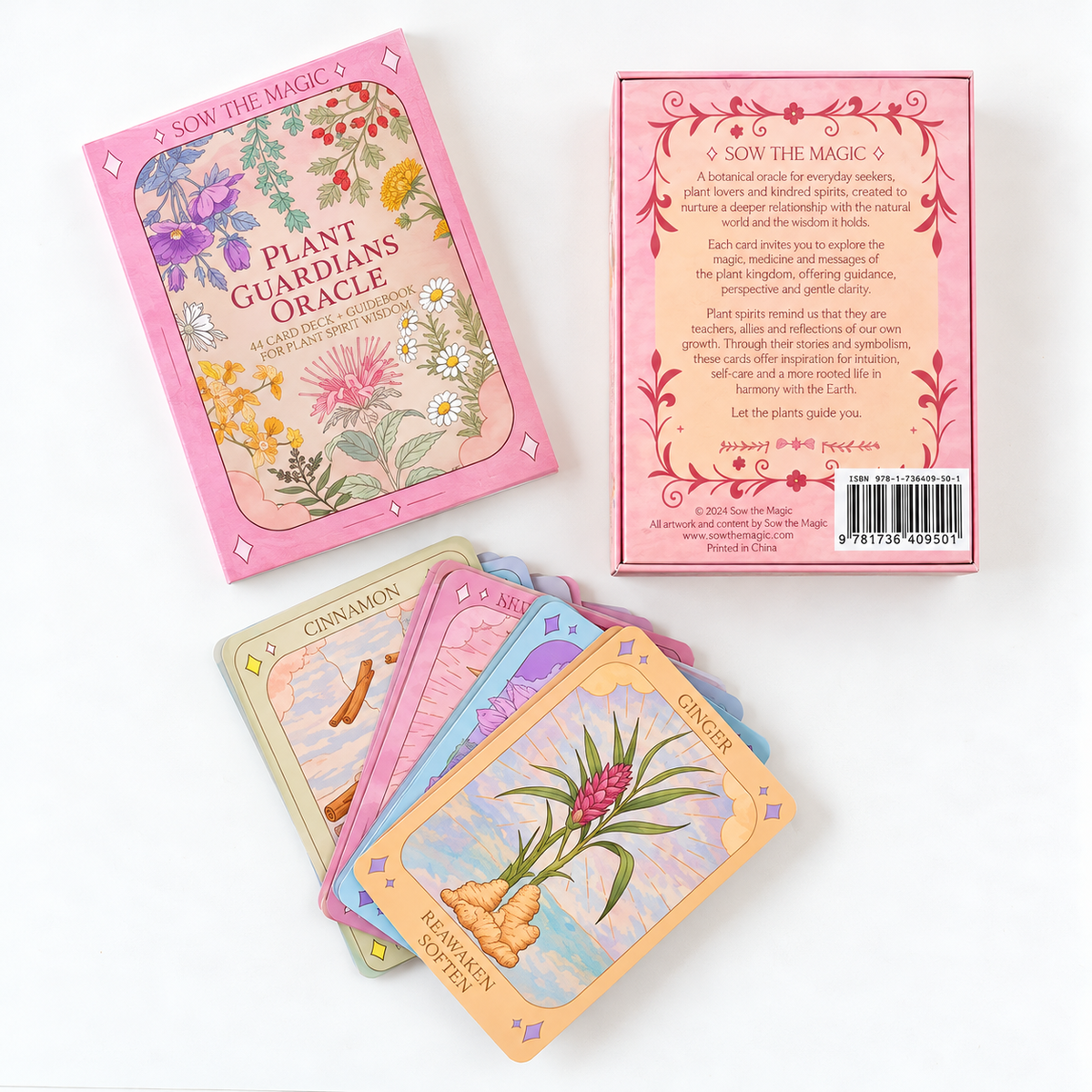 Sow the Magic Plant Guardians Oracle deck featuring the pink illustrated guidebook, keepsake box, and colorful botanical oracle cards including ginger, cinnamon, and motherwort.