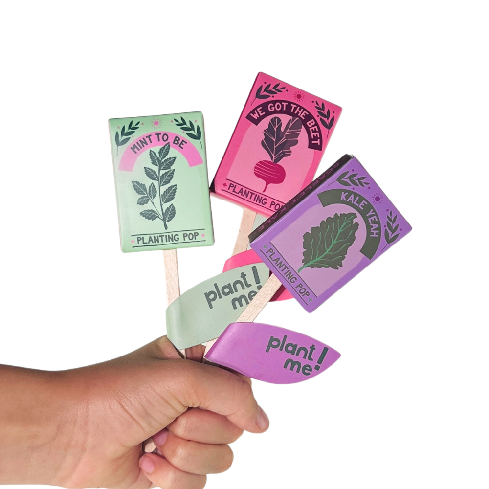 Hand holding three Planting Pop seed sticks: Mint to Be, We Got the Beet, Kale Yeah