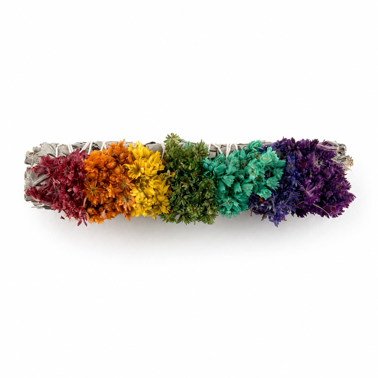 White sage smudge stick decorated with red orange yellow green blue and purple dried sinuata flowers