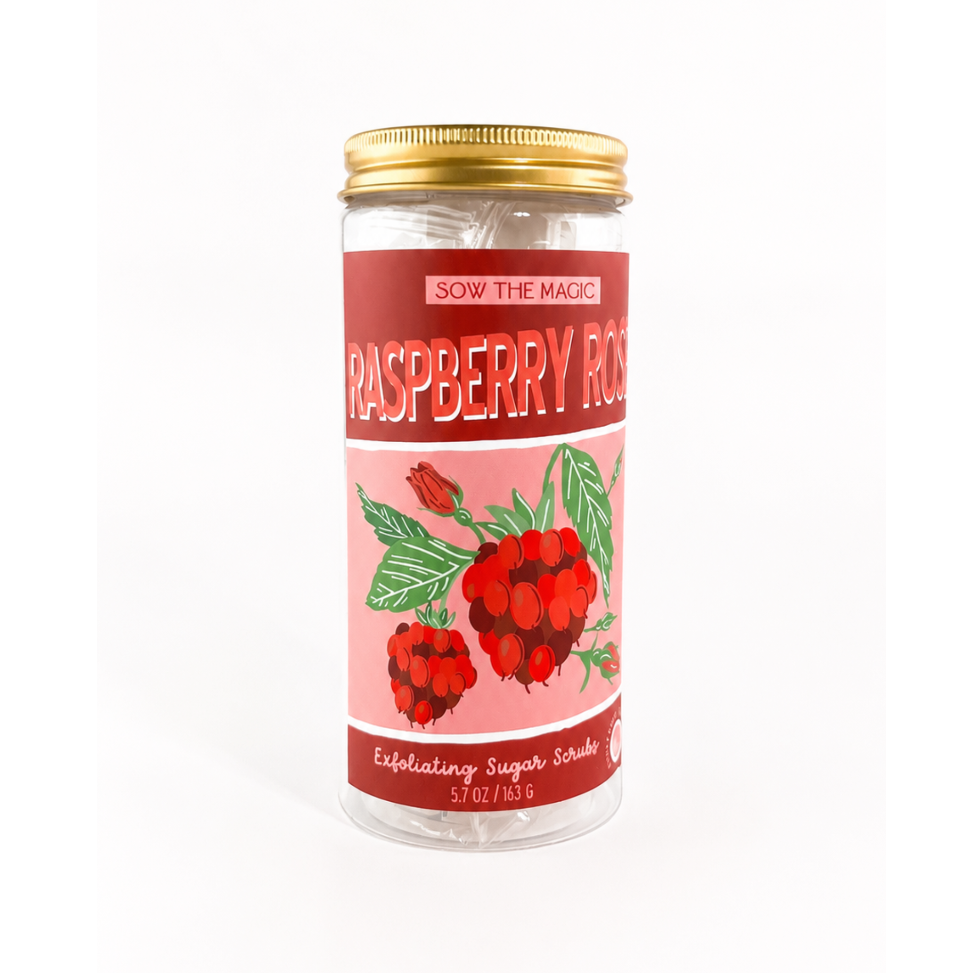 Jar of Raspberry Rose exfoliating sugar scrub cubes by Sow the Magic featuring individually wrapped natural sugar scrub cubes with a fresh berry and floral-inspired design.