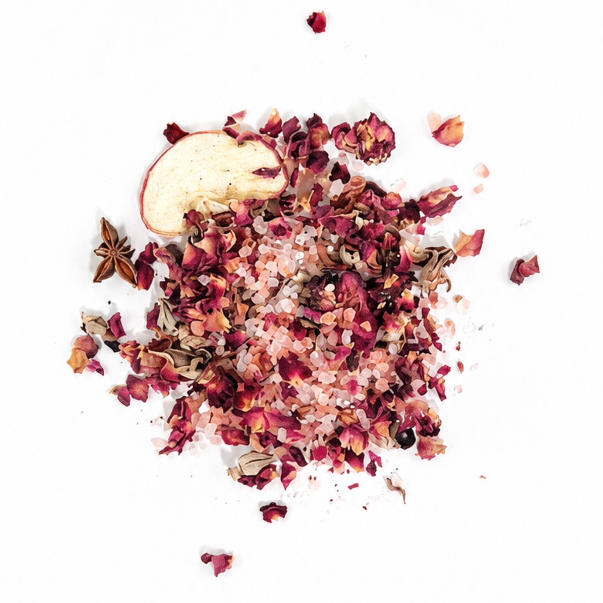 Loose Rosa Rugosa Tarot Botanical Bath Tea blend featuring dried rose petals, Himalayan pink salt, apple slices, star anise, and botanicals for a luxurious herbal bath ritual by Sow the Magic®.