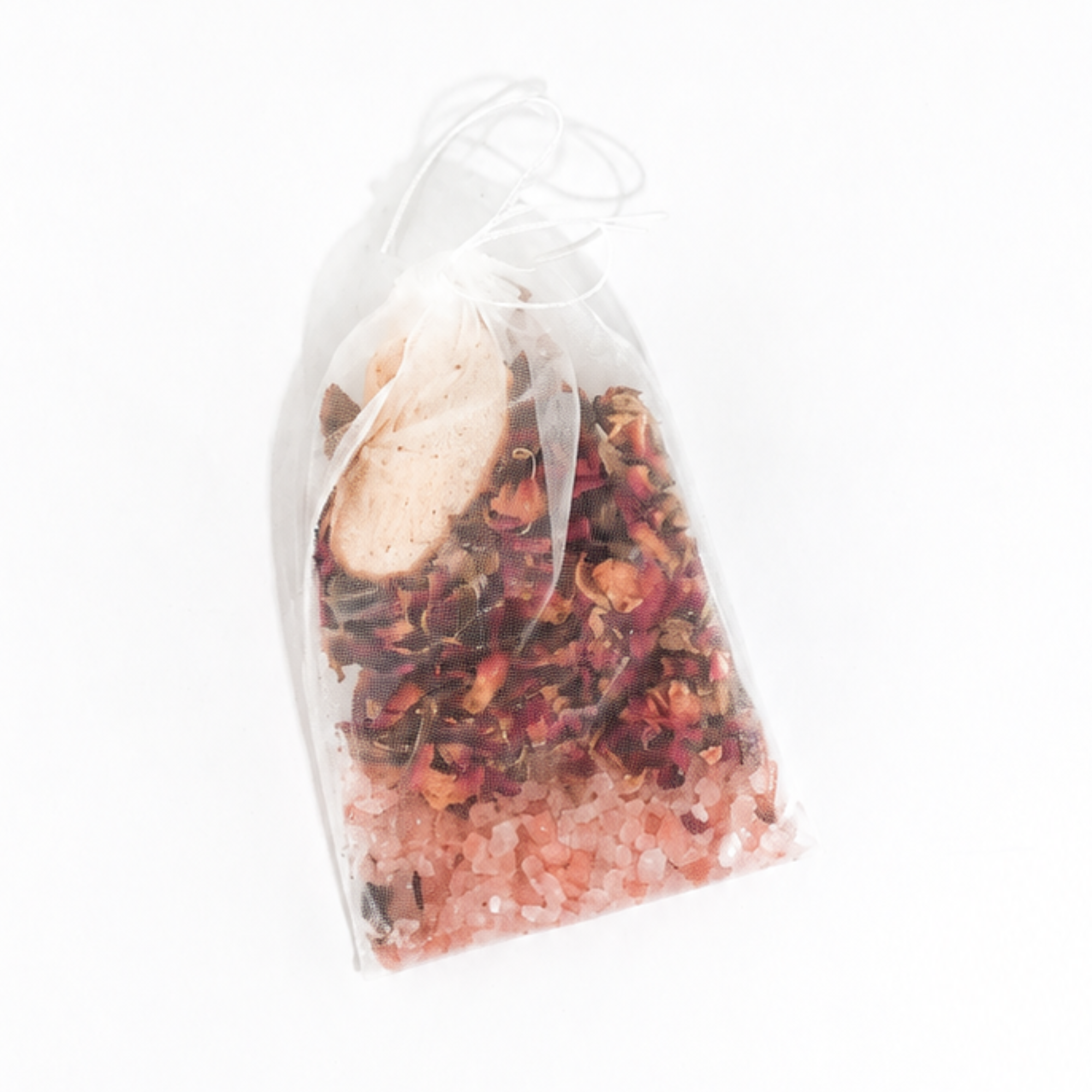 Rosa Rugosa Tarot Botanical Bath Tea packaged in a reusable organza sachet with dried rose petals, Himalayan pink salt, apple slices, and aromatic botanicals by Sow the Magic®.