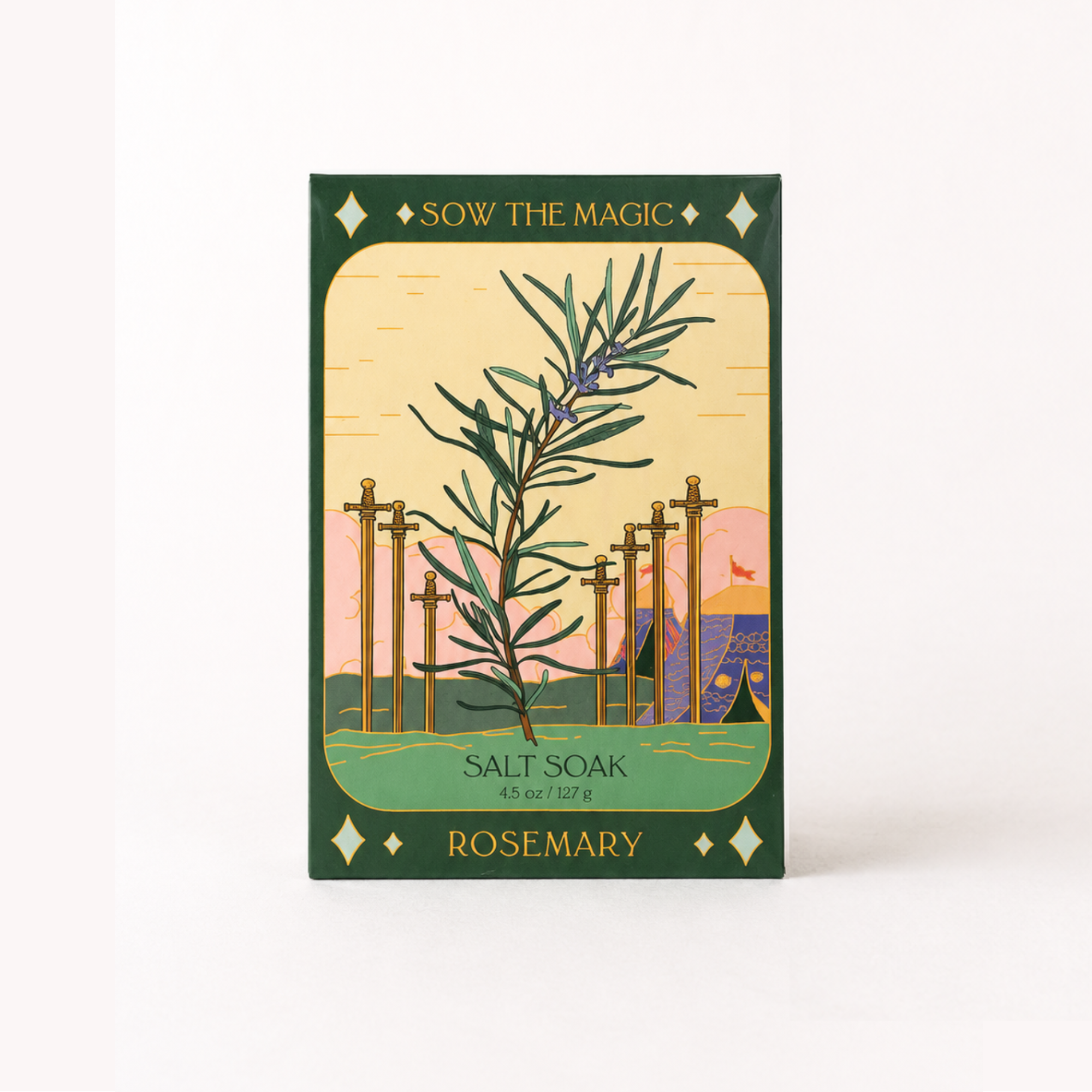 Front view of Sow the Magic Rosemary Salt Soak featuring botanical tarot-inspired artwork and mineral-rich bath salts for a relaxing spa bath, photographed on a clean white background.