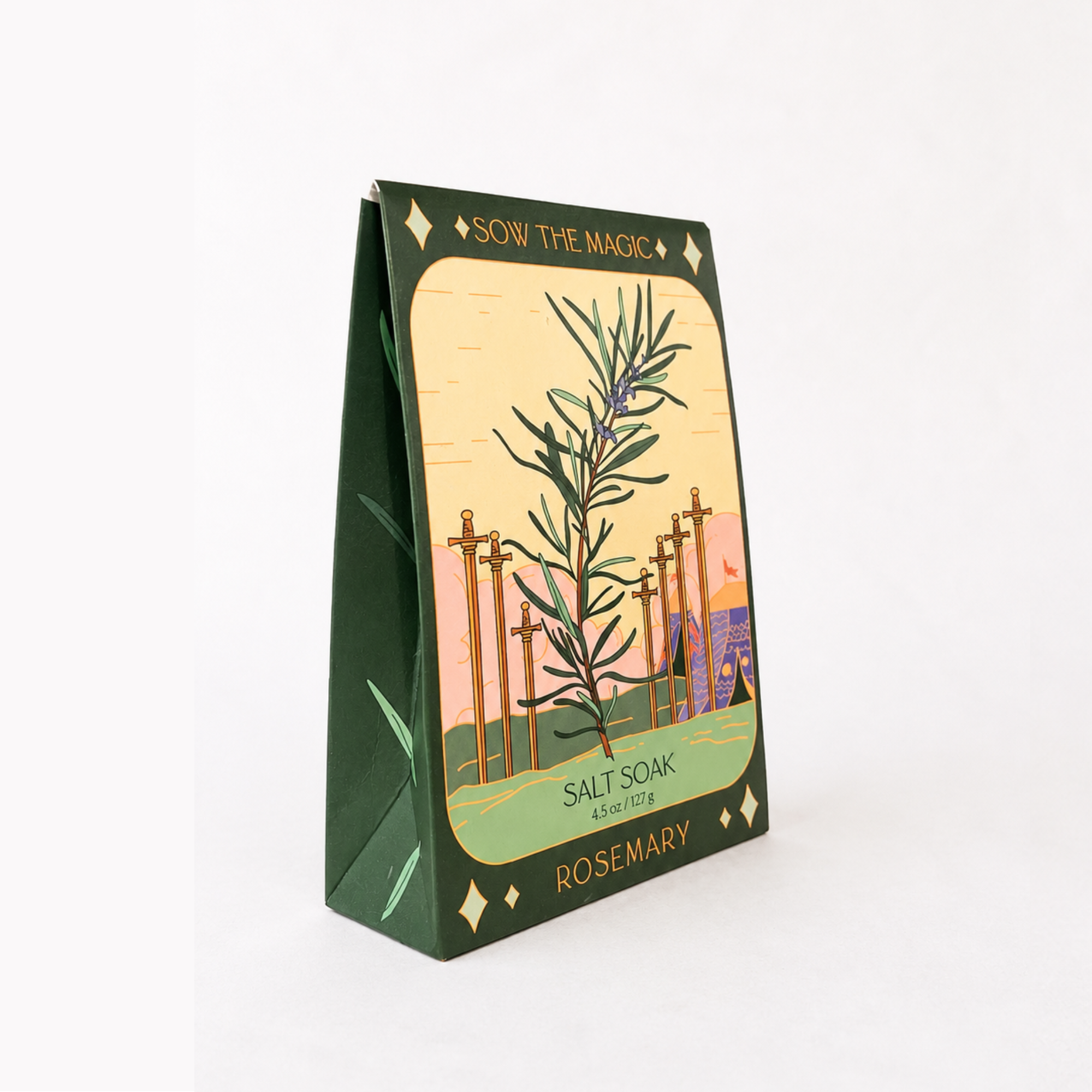 Sow the Magic Rosemary Salt Soak in decorative botanical tarot-inspired packaging with a bright white background, featuring mineral-rich bath salts infused with rosemary for a relaxing self-care bath.