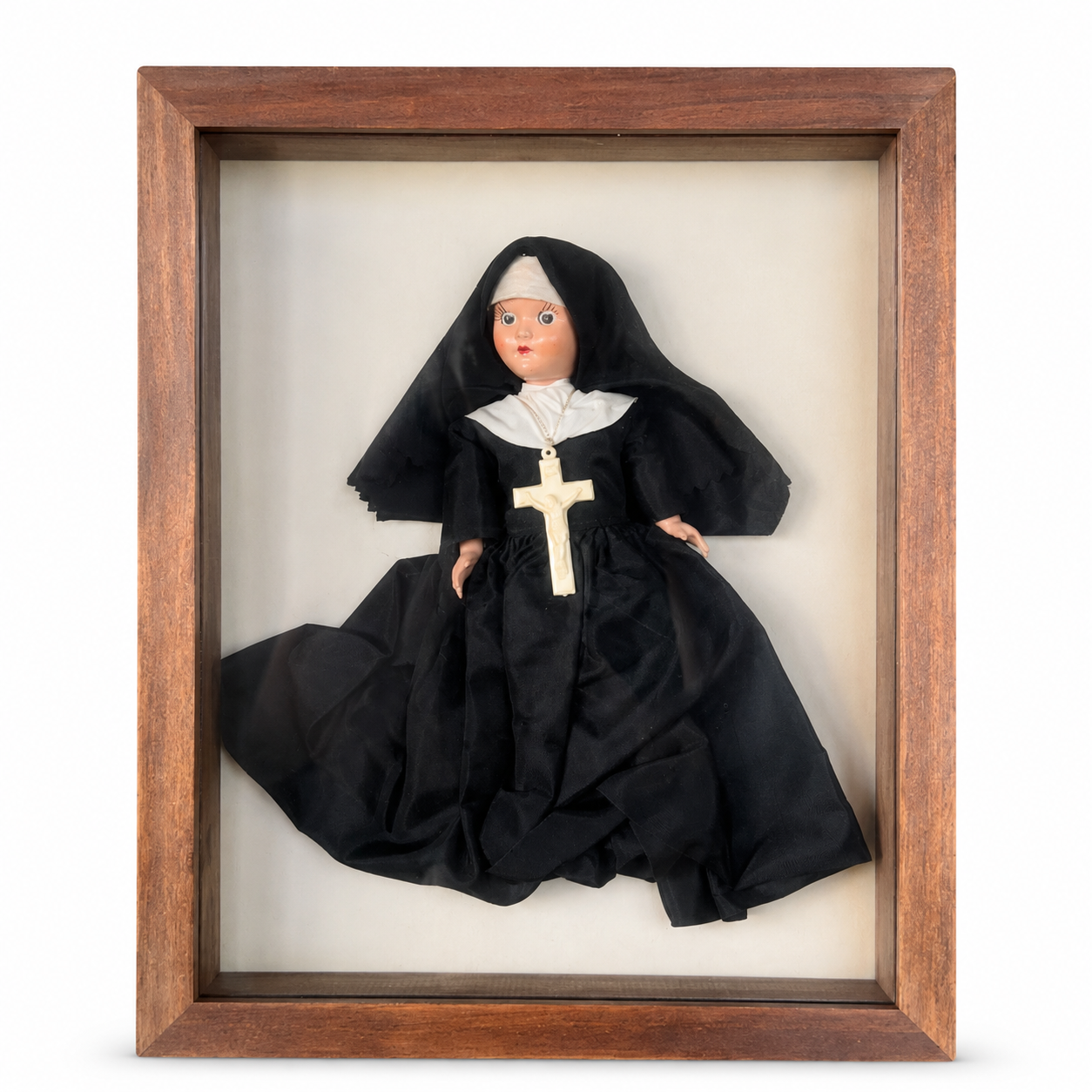 Sister vintage 1960s sleepy-eye nun doll displayed in a handcrafted shadow box from the Gathered Wonders collection