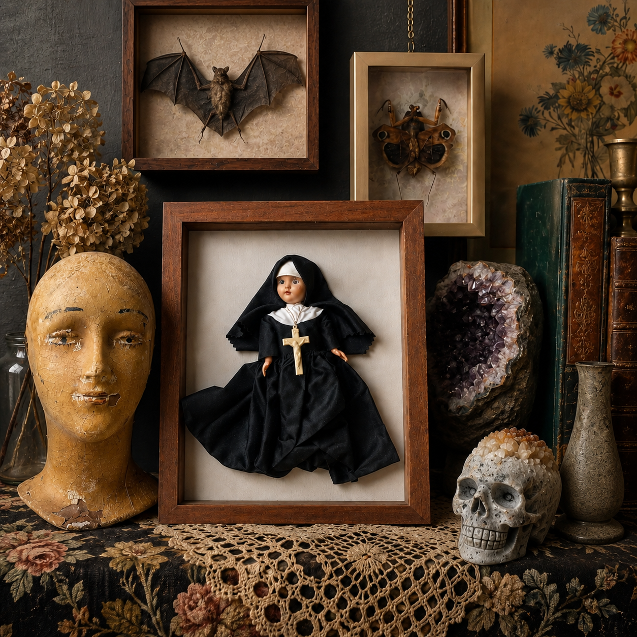 Sister vintage nun doll shadow box styled with collected curiosities and found treasures from the Gathered Wonders collection