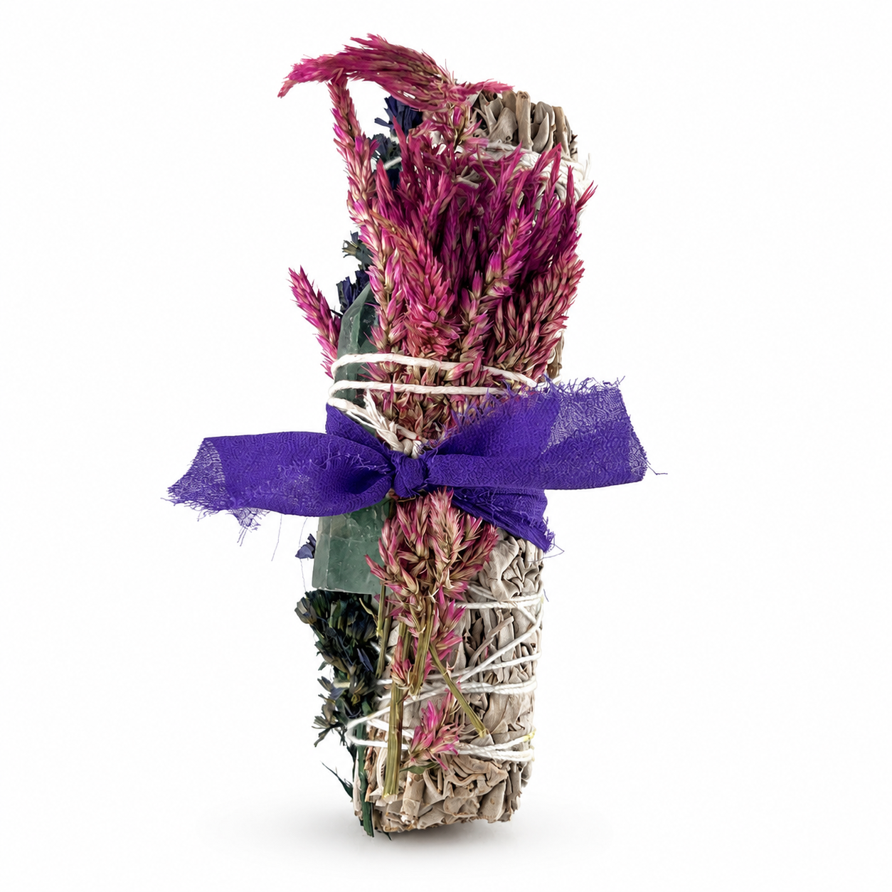 Alt text: Upright six-inch white sage bundle with magenta celosia flowers, blue botanicals and a green fluorite point