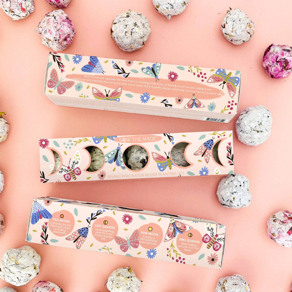 Speckled seed balls scattered around floral-patterned packaging box, pink backdrop