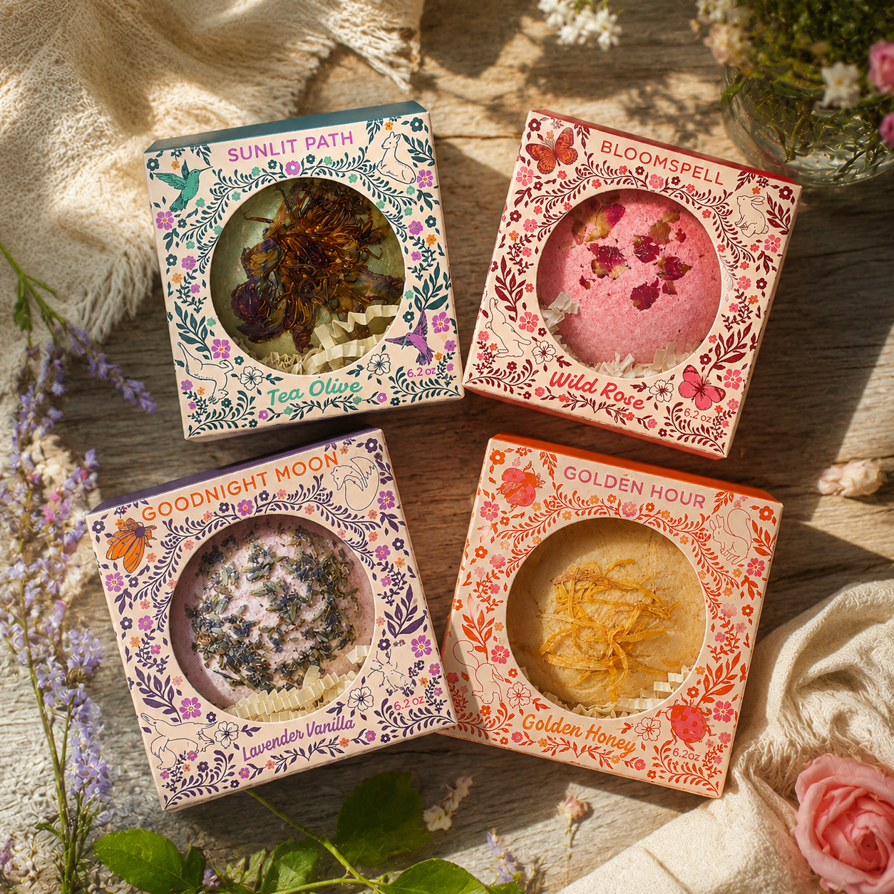 Storybook Bath Bomb Collection featuring Sunlit Path Tea Olive, Bloomspell Wild Rose, Golden Hour Golden Honey and Goodnight Moon Lavender Vanilla botanical bath bomb gift boxes displayed together on a rustic wooden surface with soft botanicals in a bright spa-inspired setting.