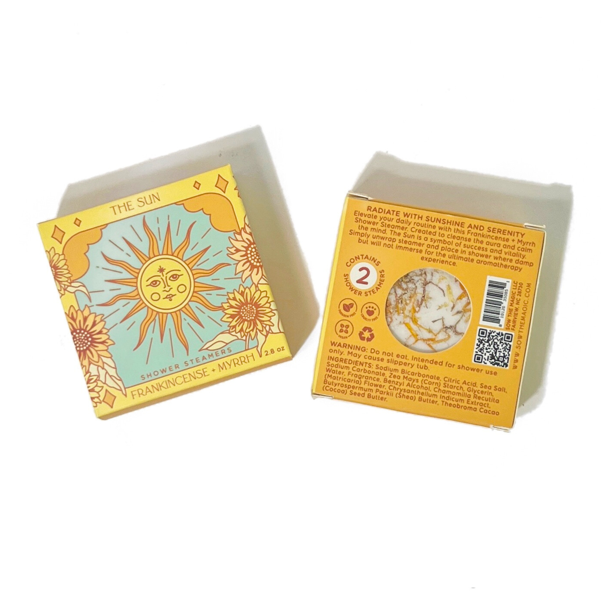 Front and back of The Sun Shower Steamer Set in Frankincense & Myrrh featuring tarot-inspired botanical packaging and product information.