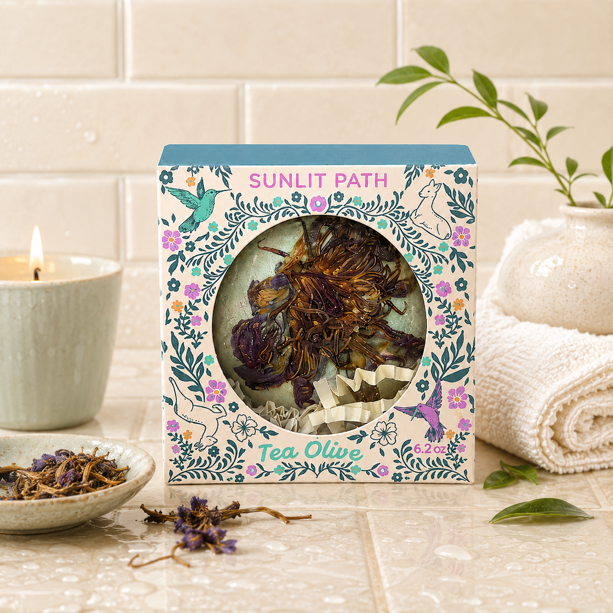 Sunlit Path Tea Olive botanical bath bomb gift box displayed on cream bathroom tile with a candle, folded towel and tea botanicals in a relaxing spa-inspired setting.