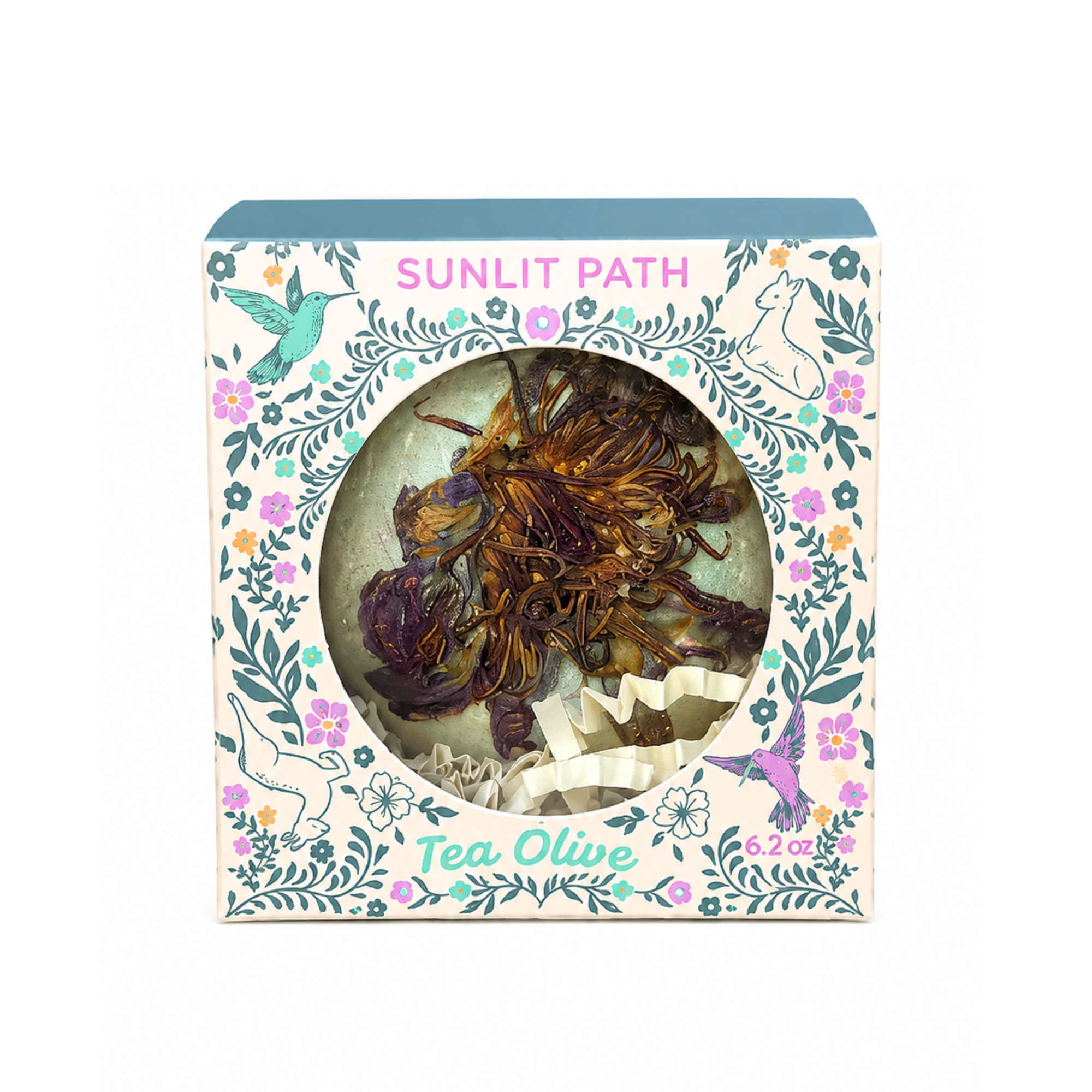 Sunlit Path Tea Olive handcrafted botanical bath bomb with dried tea olive flowers in a whimsical storybook gift box inspired by nature and woodland gardens.