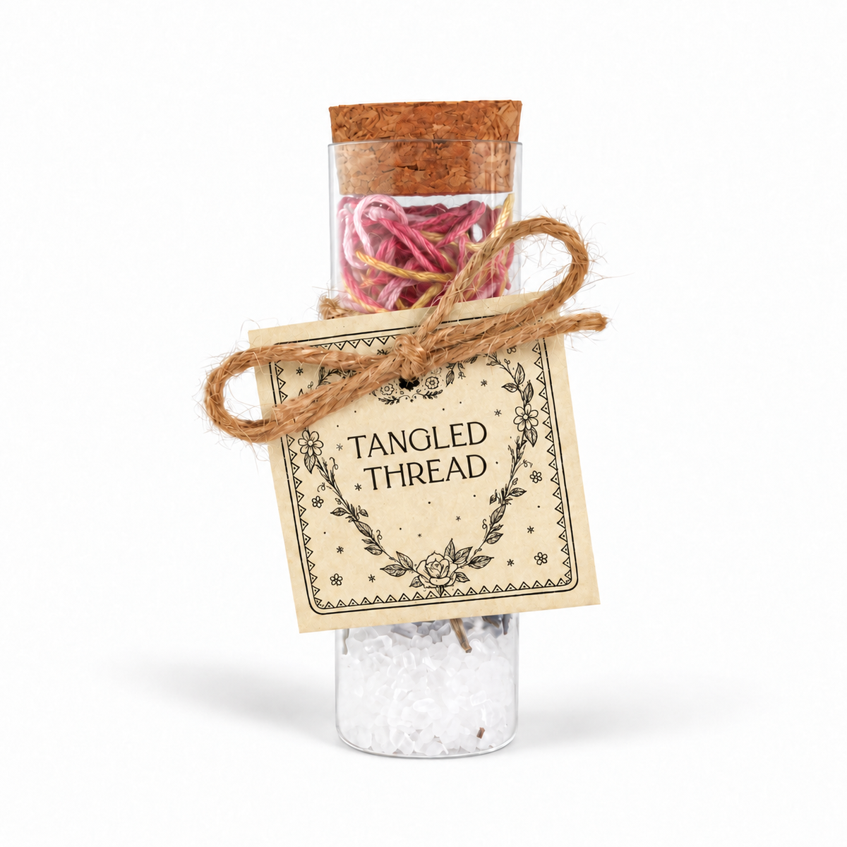 Tangled Thread botanical intention vial with knotted pink thread, dried rosemary, clear quartz and a hand-tied folklore-inspired tag.
