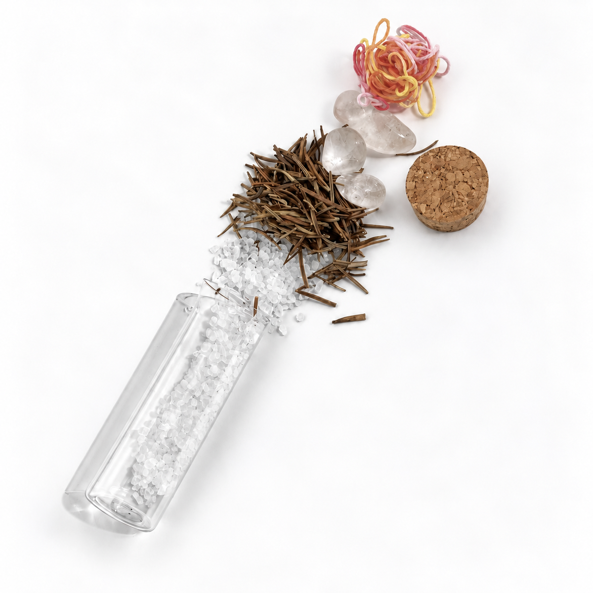 Open Tangled Thread intention vial showing salt, clear quartz, rosemary and knotted thread with its cork closure nearby.