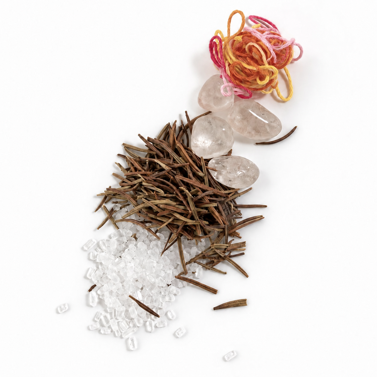 Tangled Thread intention vial displayed with knotted pink thread, dried rosemary, salt and clear quartz symbolic elements.