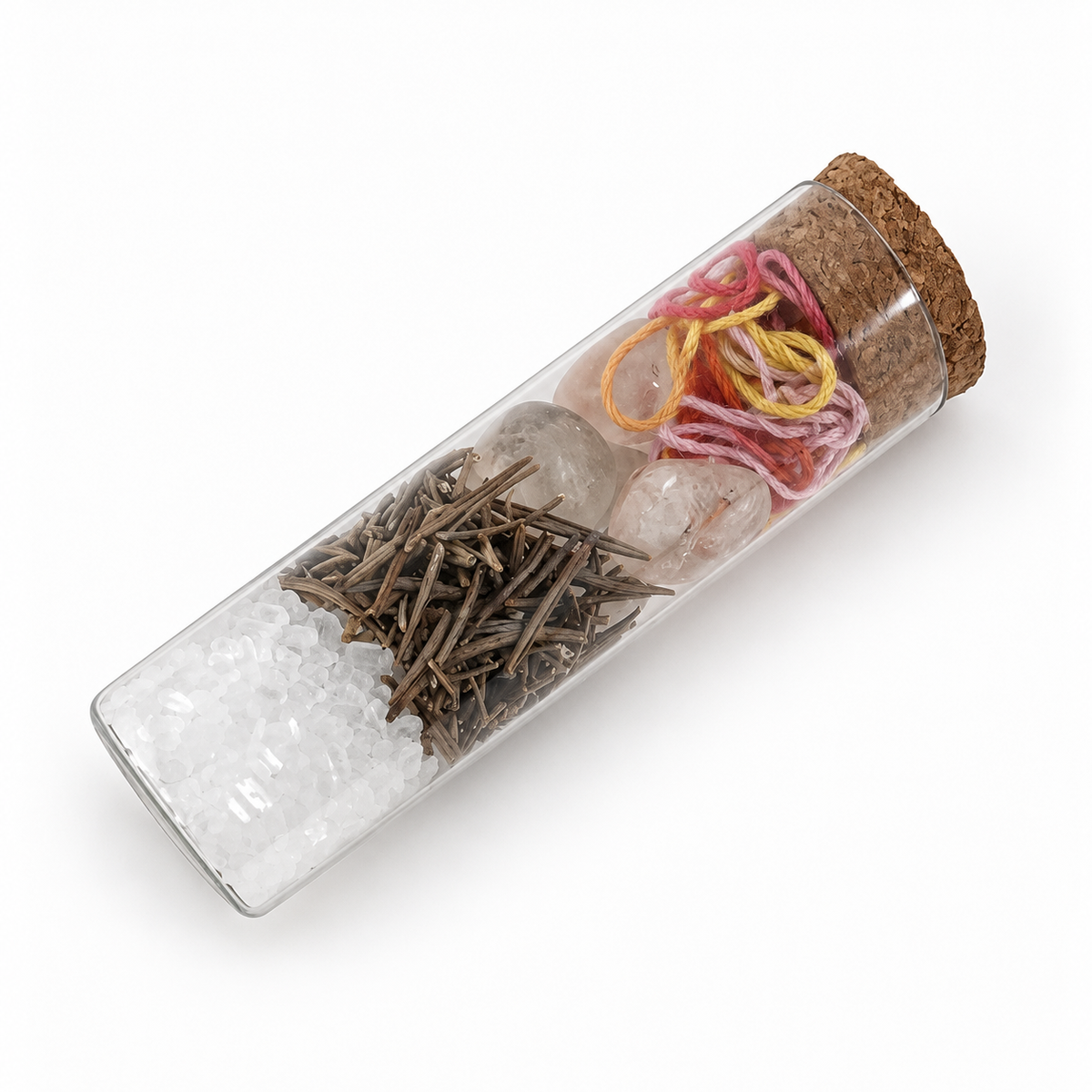 Angled view of the Tangled Thread botanical intention vial filled with symbolic ingredients and finished with a cork closure.
