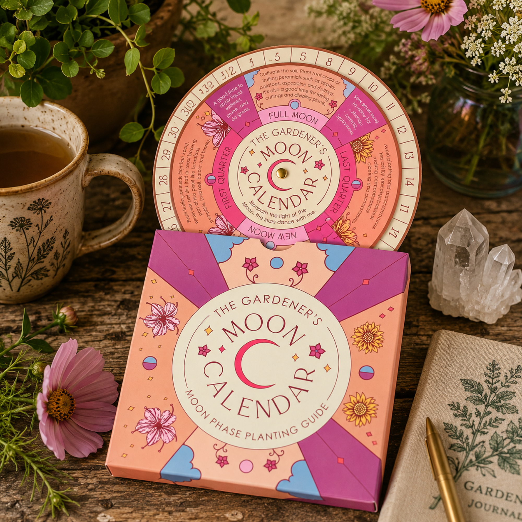 The Gardener's Moon Calendar moon phase planting guide displayed on a rustic wooden table with botanical accents, fresh flowers, a cup of tea, crystals and gardening journal. The illustrated rotating planting calendar and matching sleeve create a cozy cottage garden lifestyle scene inspired by seasonal gardening and lunar planting traditions.