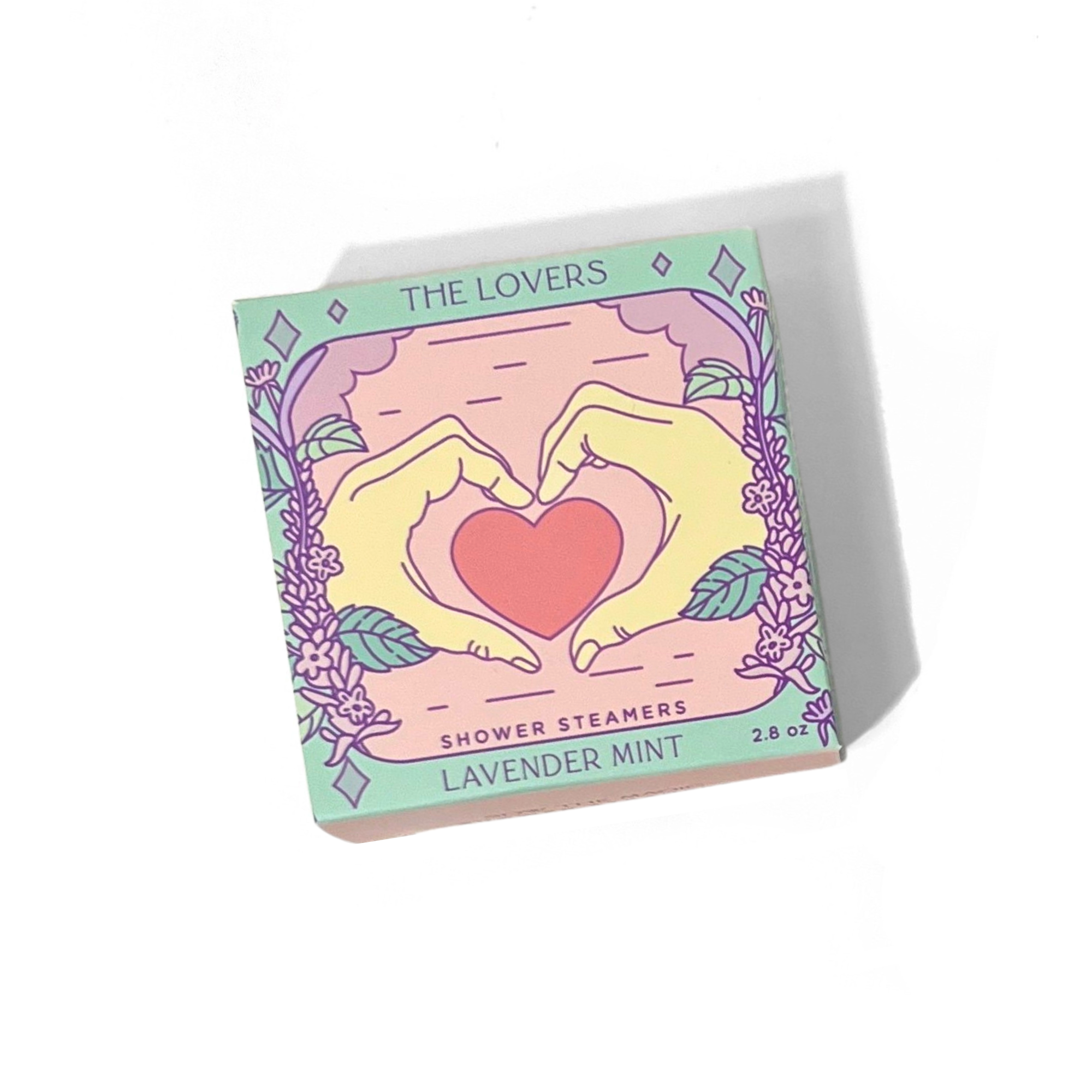 The Lovers Shower Steamer Set in Lavender Mint by Sow the Magic® featuring tarot-inspired botanical packaging with handcrafted aromatherapy shower steamers.