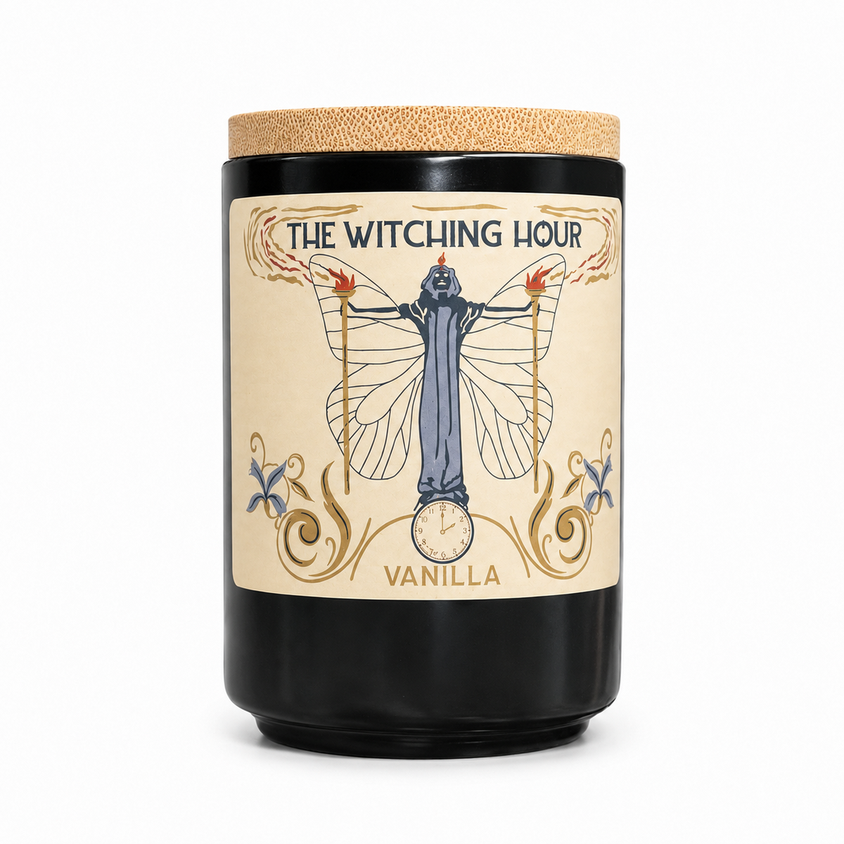 The Witching Hour Vanilla candle in a matte black jar with a bamboo lid and vintage cream botanical label